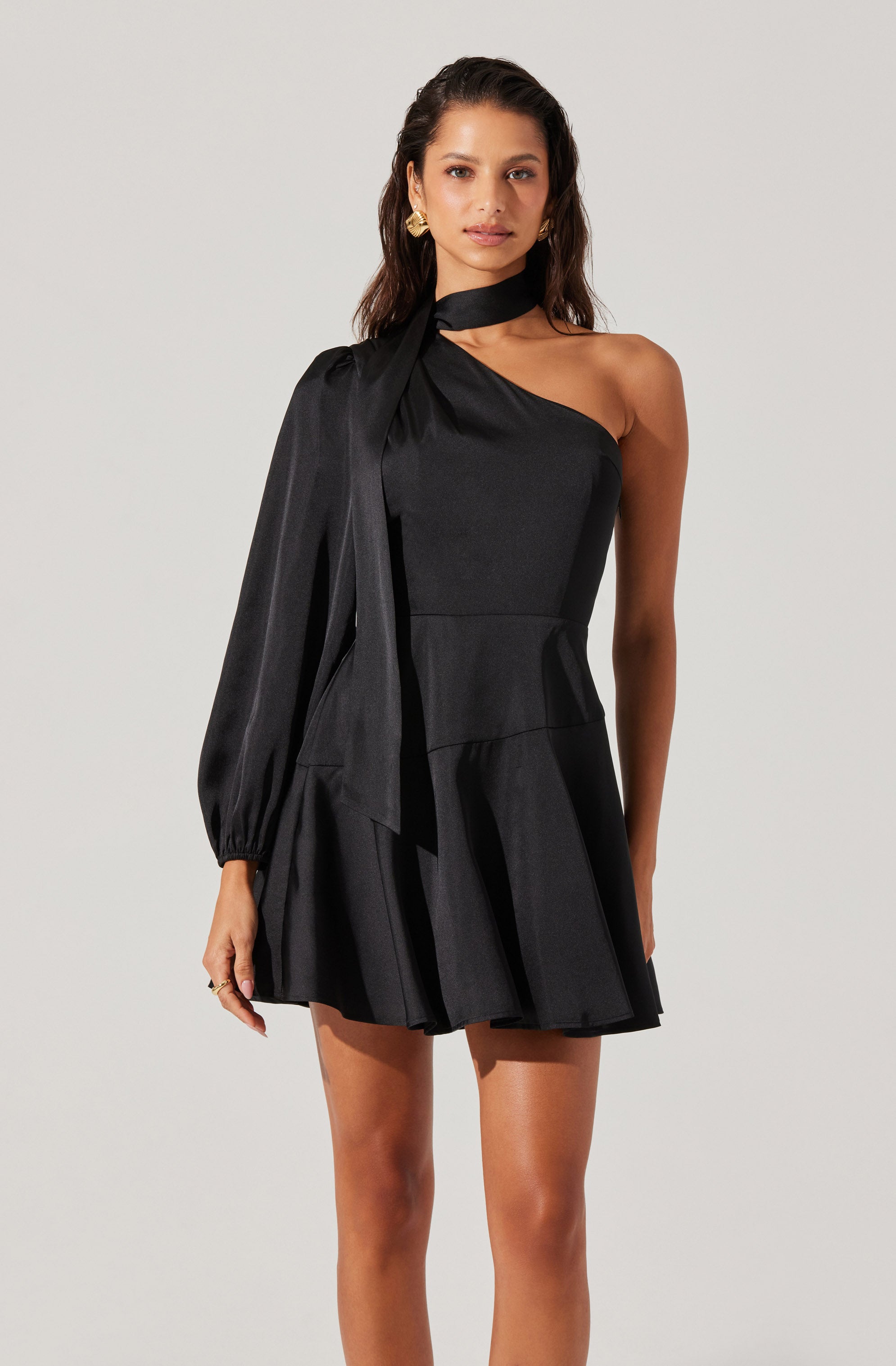 Satin Scarf Mini Skater Dress-Aljck