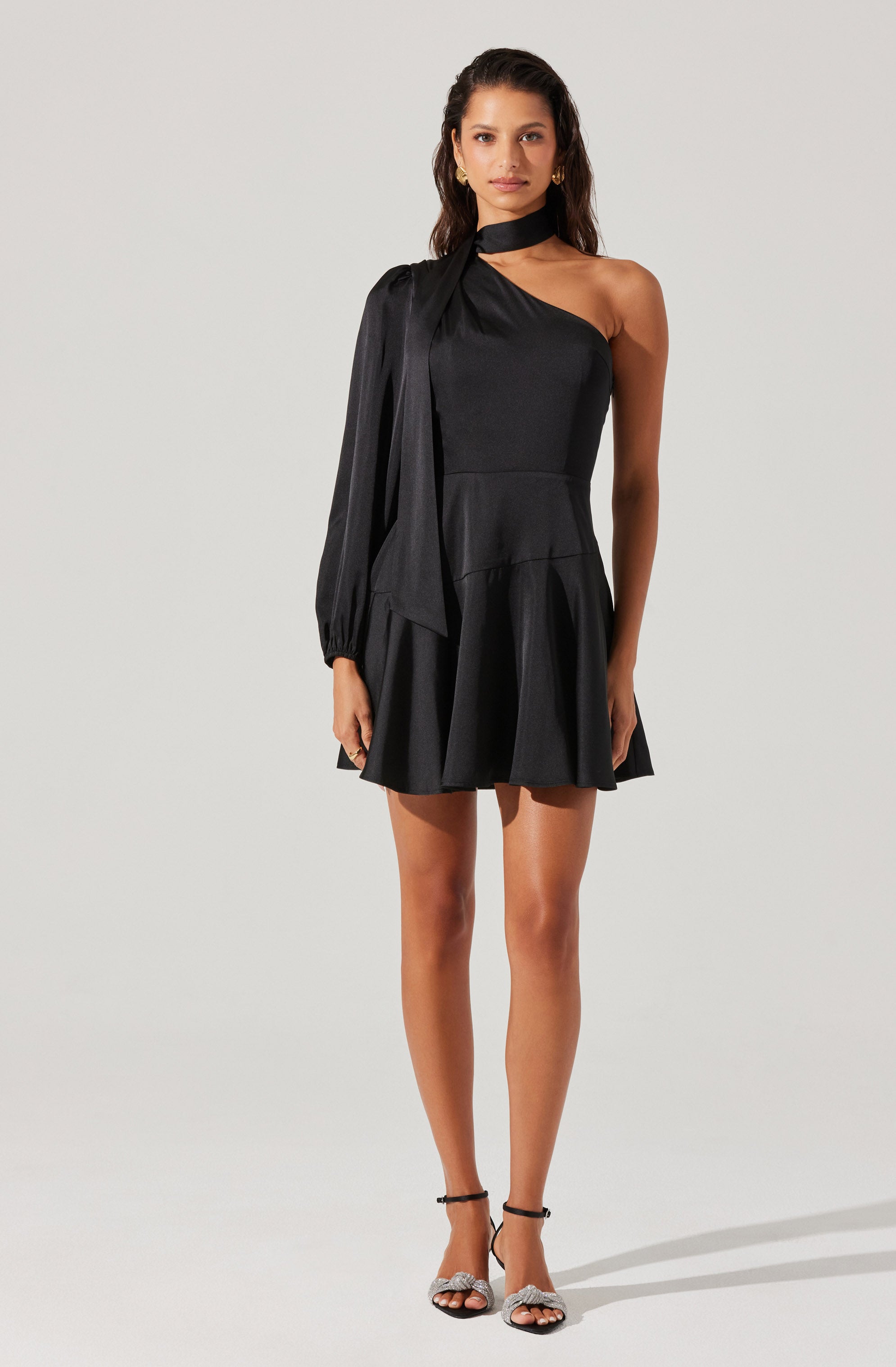 Satin Scarf Mini Skater Dress-Aljck