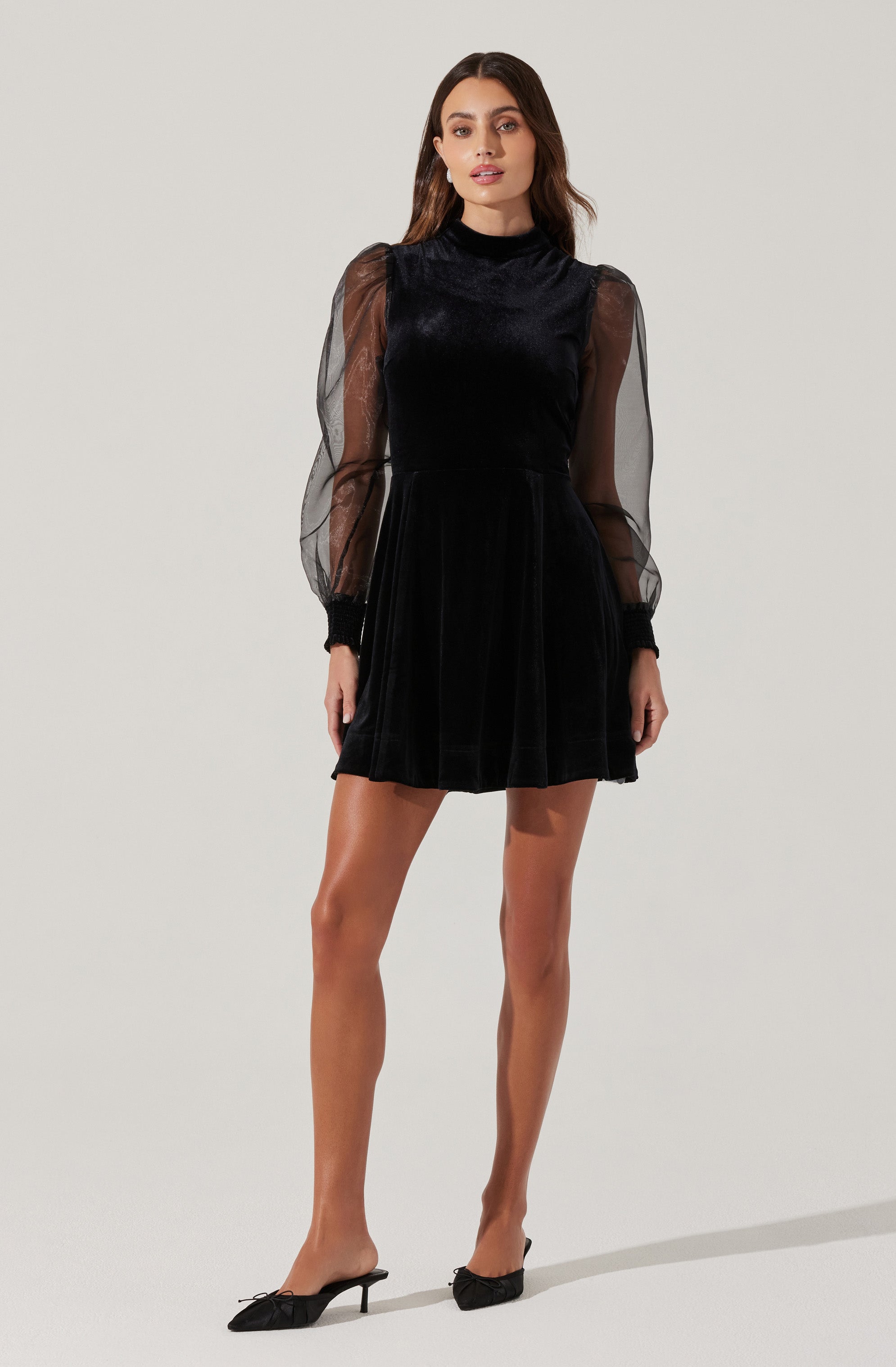 Velvet Sheer Puff Sleeve Dress-Aljck