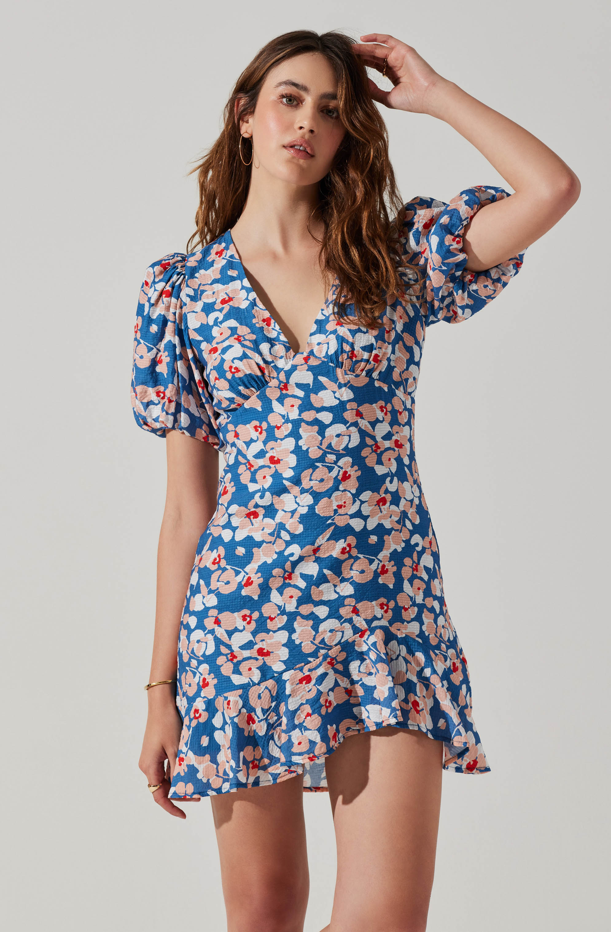 Flutter Sleeve Cutout Floral Mini Dress-Aljck