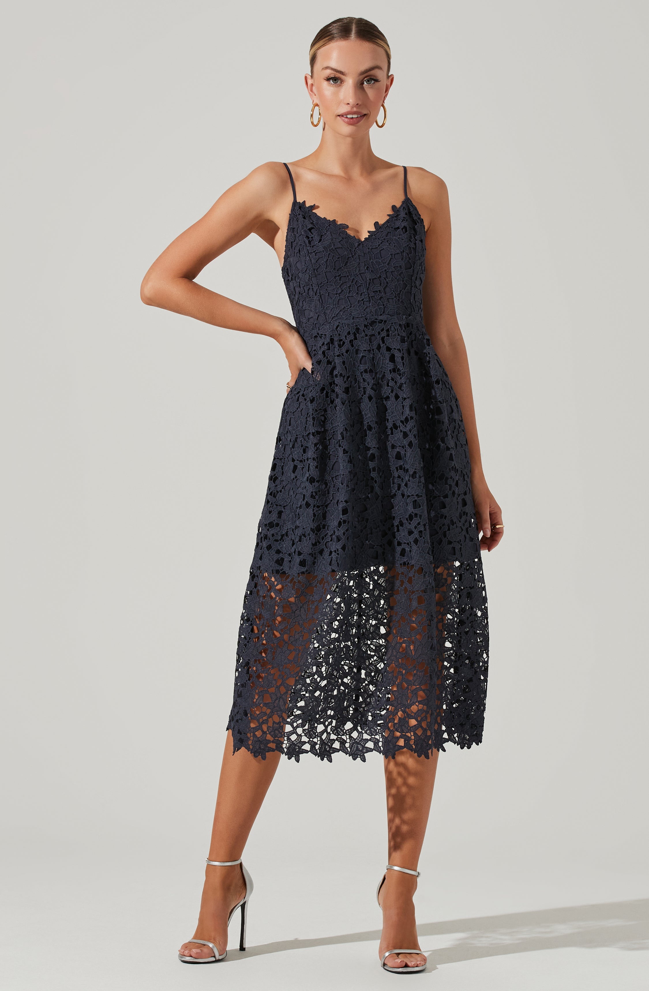 Lace A Line Midi Dress-Aljck