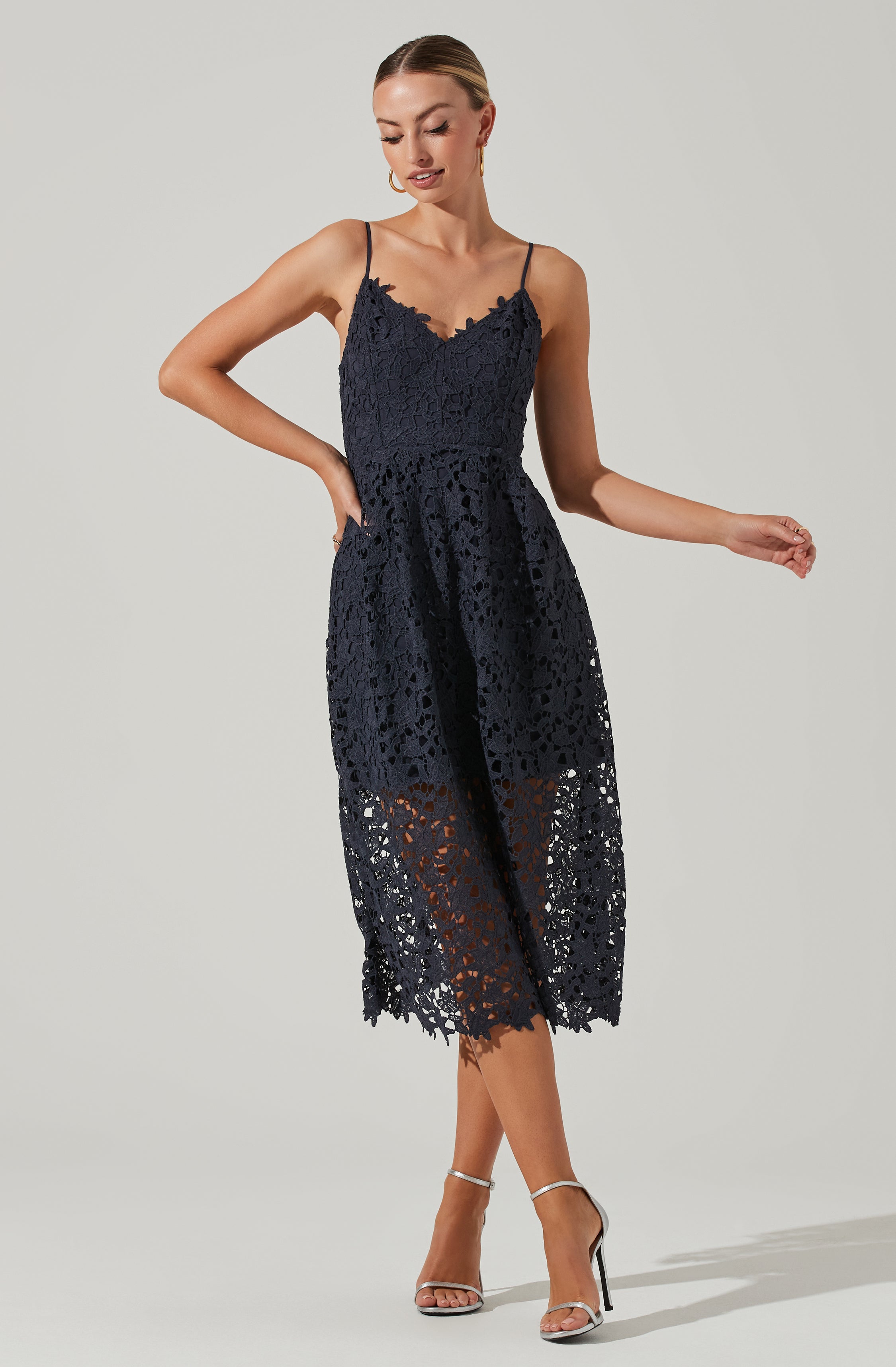 Lace A Line Midi Dress-Aljck