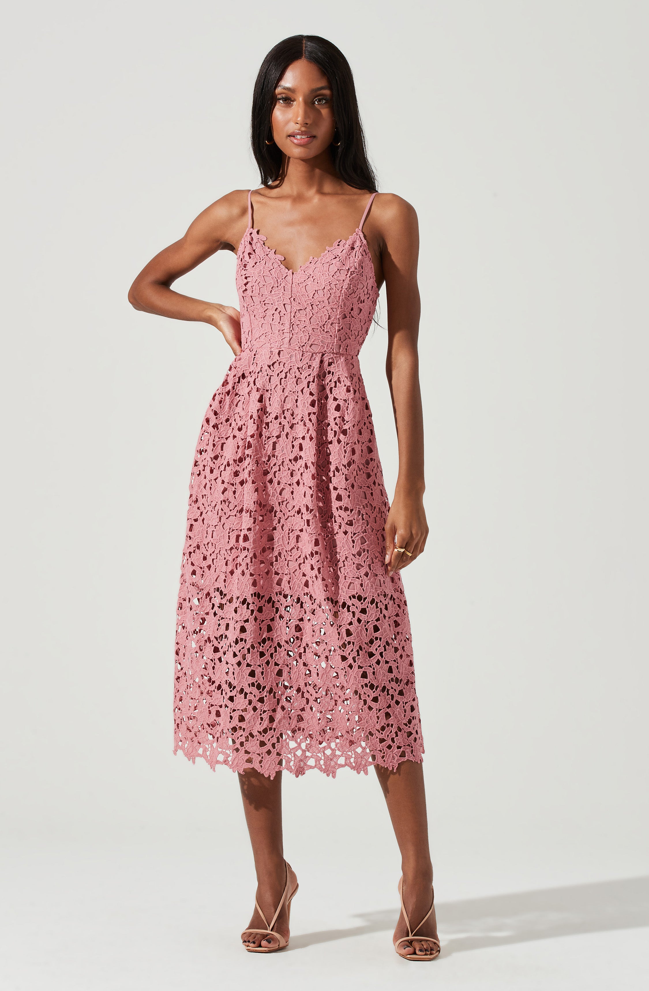Lace A Line Midi Dress-Aljck