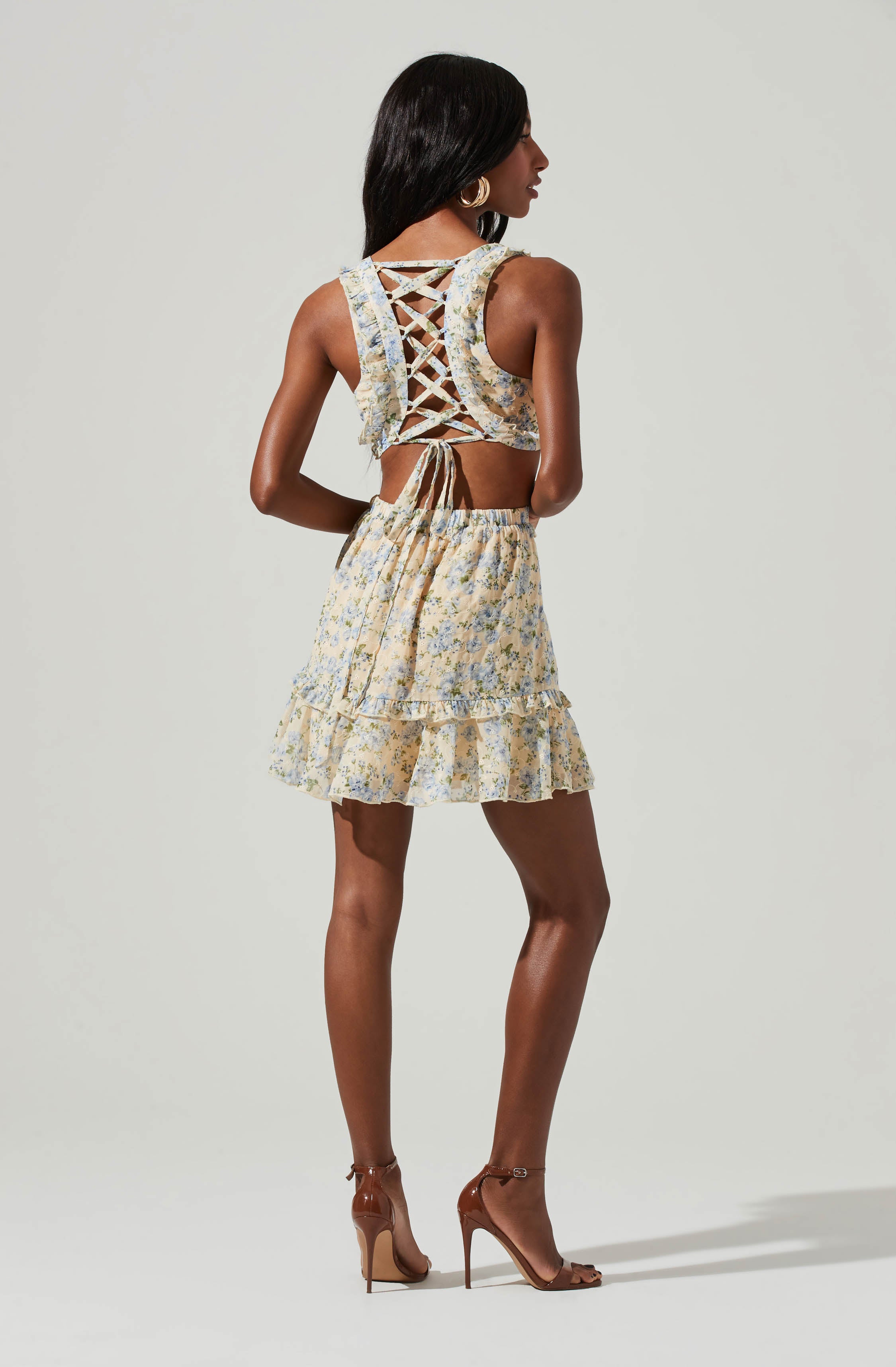Lace Up Back Floral Cutout Eyelet Mini Dress-Aljck