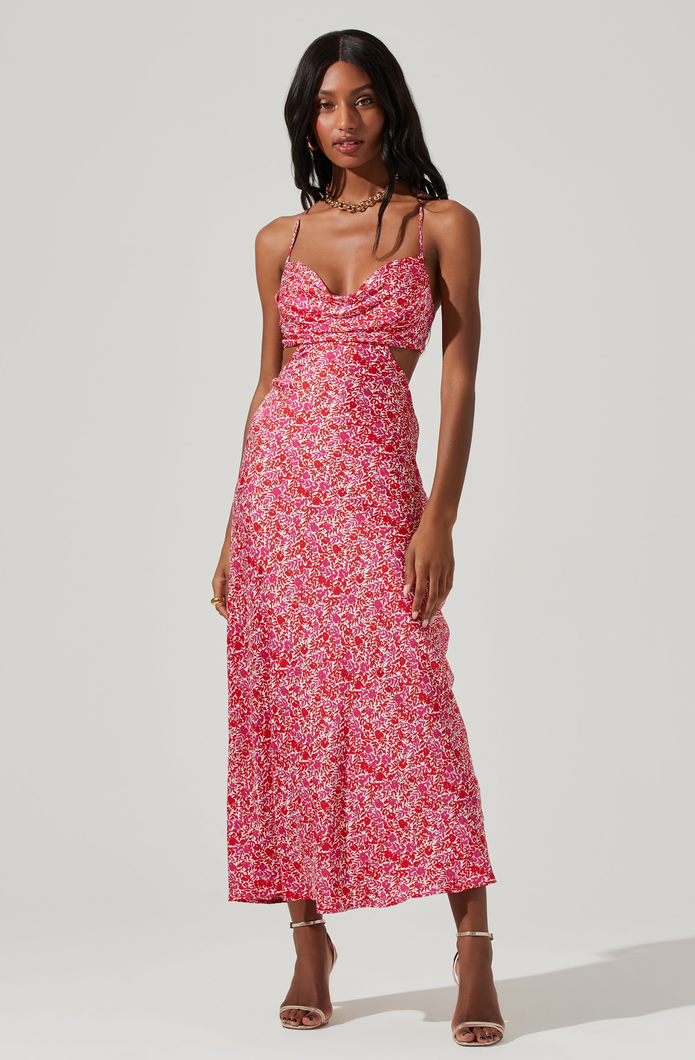 Colette Floral Satin Cutout Midi Dress-Aljck