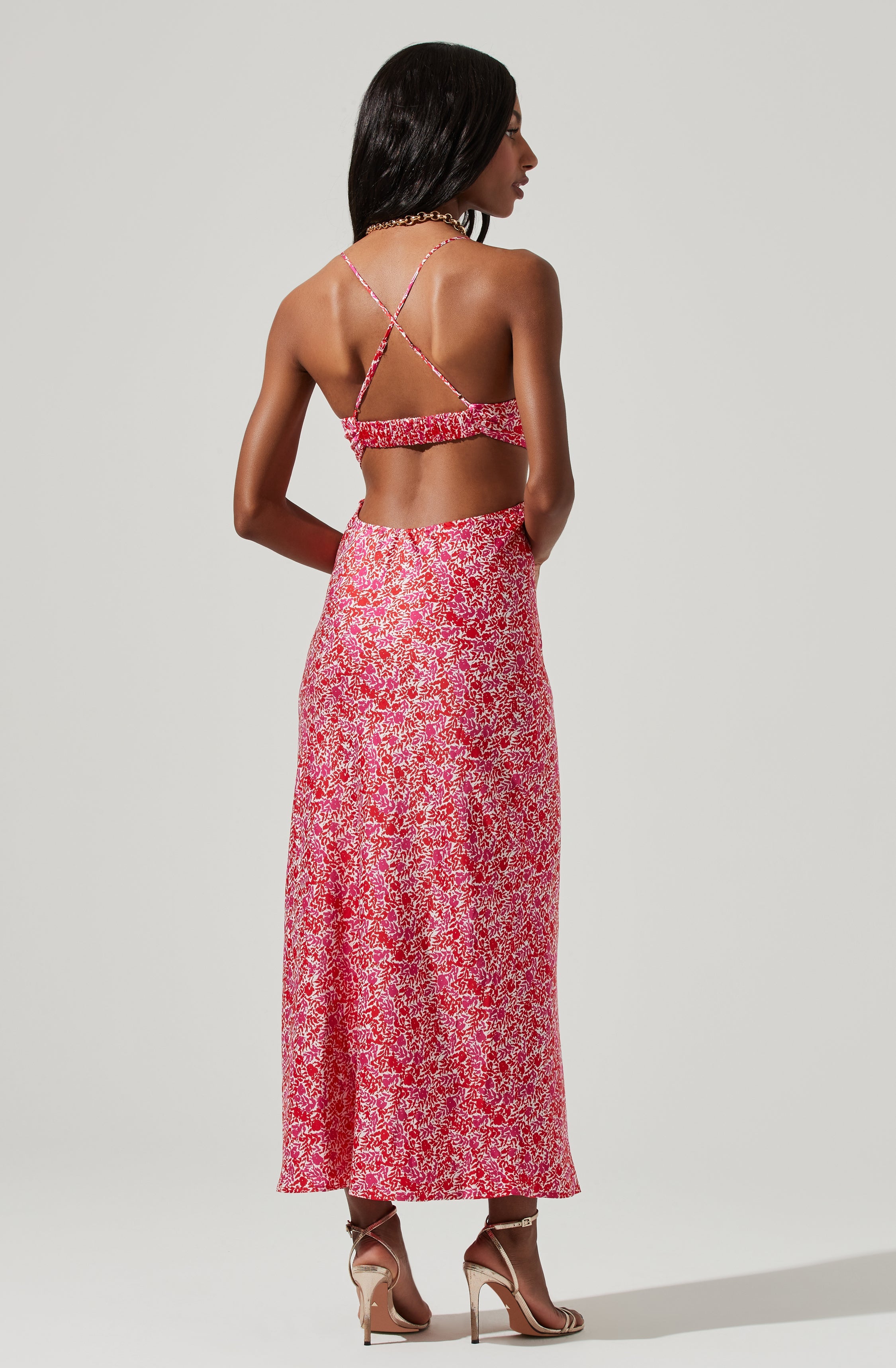 Colette Floral Satin Cutout Midi Dress-Aljck