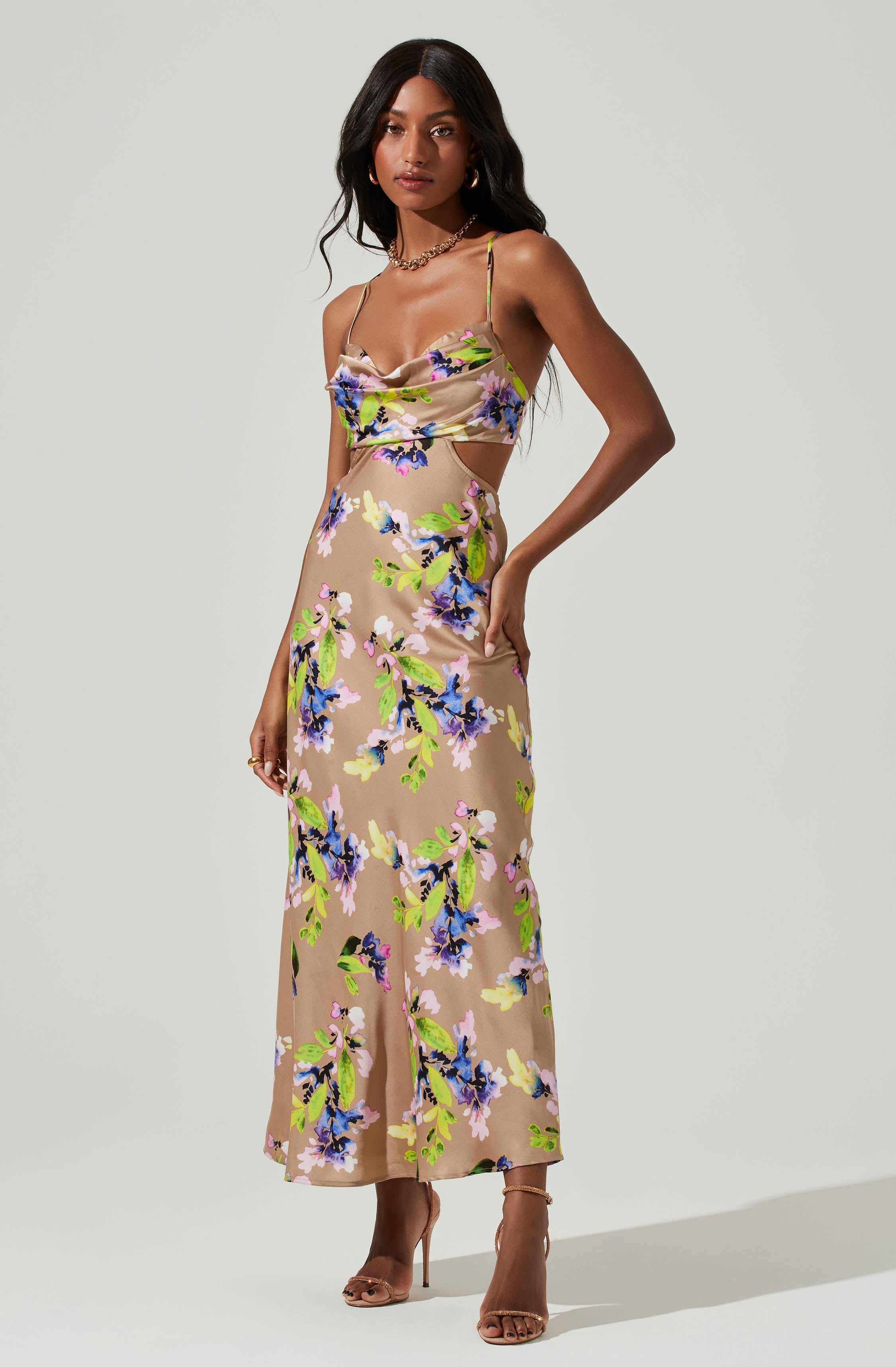 Colette Floral Satin Cutout Midi Dress-Aljck