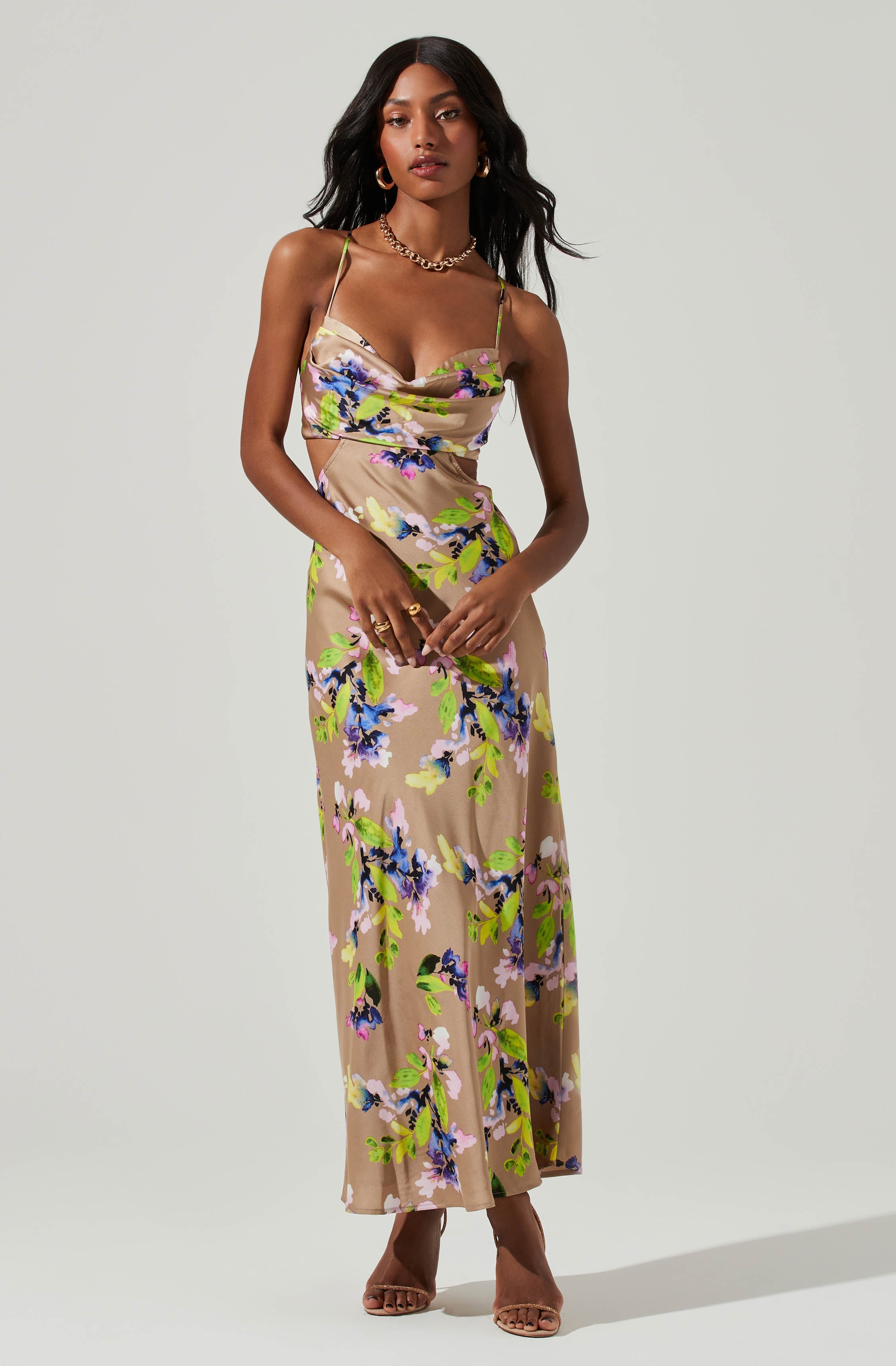 Colette Floral Satin Cutout Midi Dress-Aljck