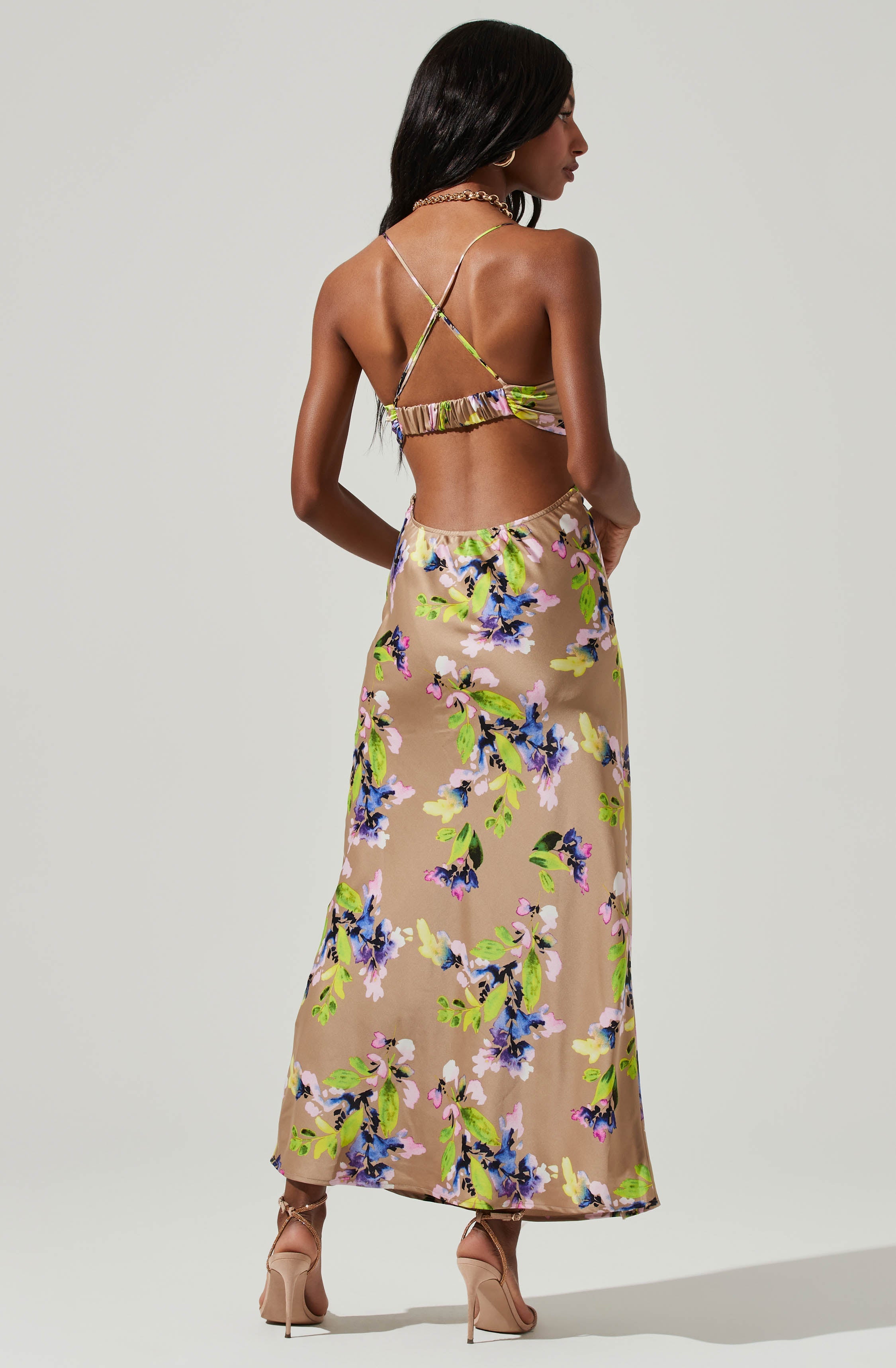 Colette Floral Satin Cutout Midi Dress-Aljck
