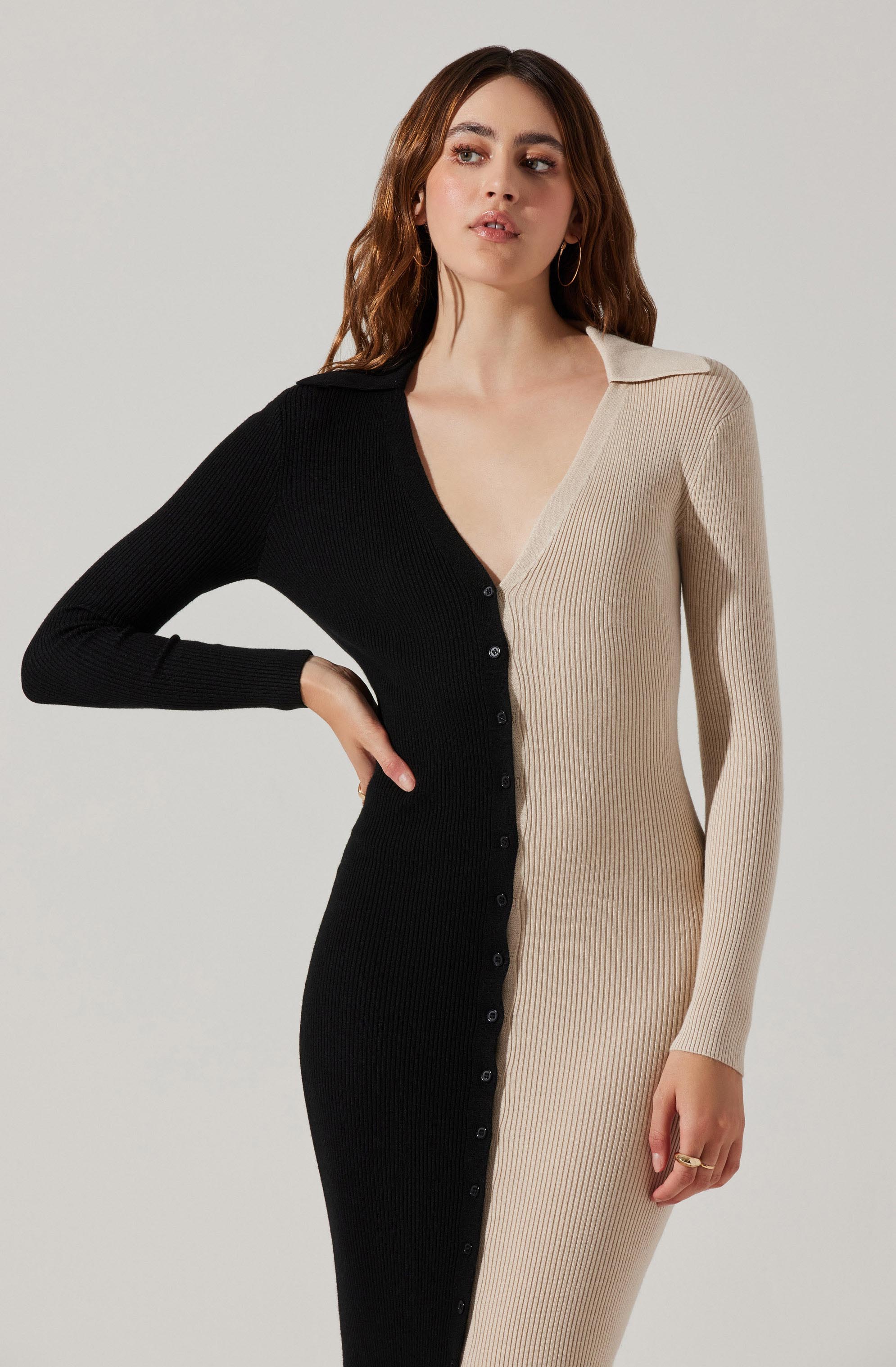 Two Toned Long Sleeve Midi Sweater Dress-Aljck