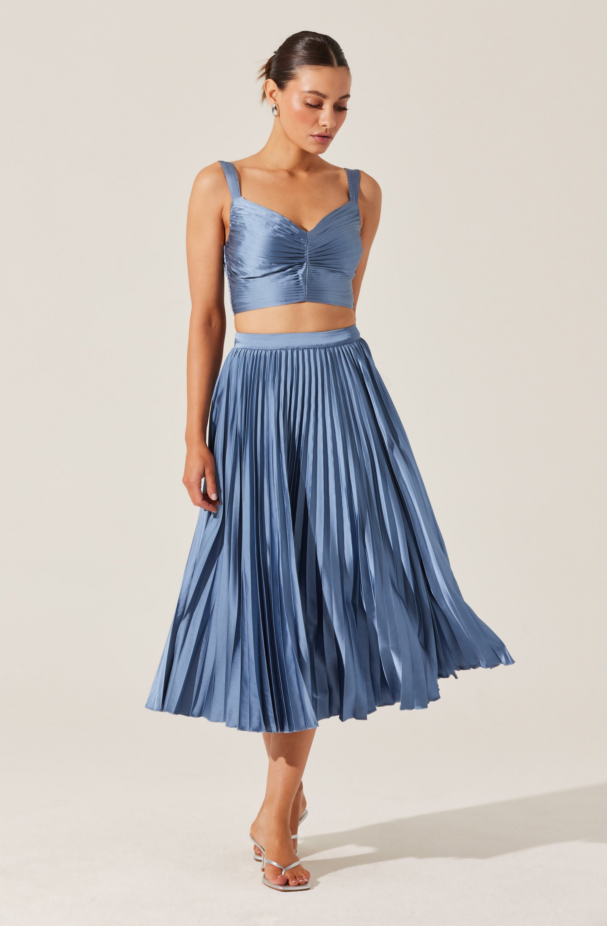 Pleated Satin Midi Skirt-Aljck