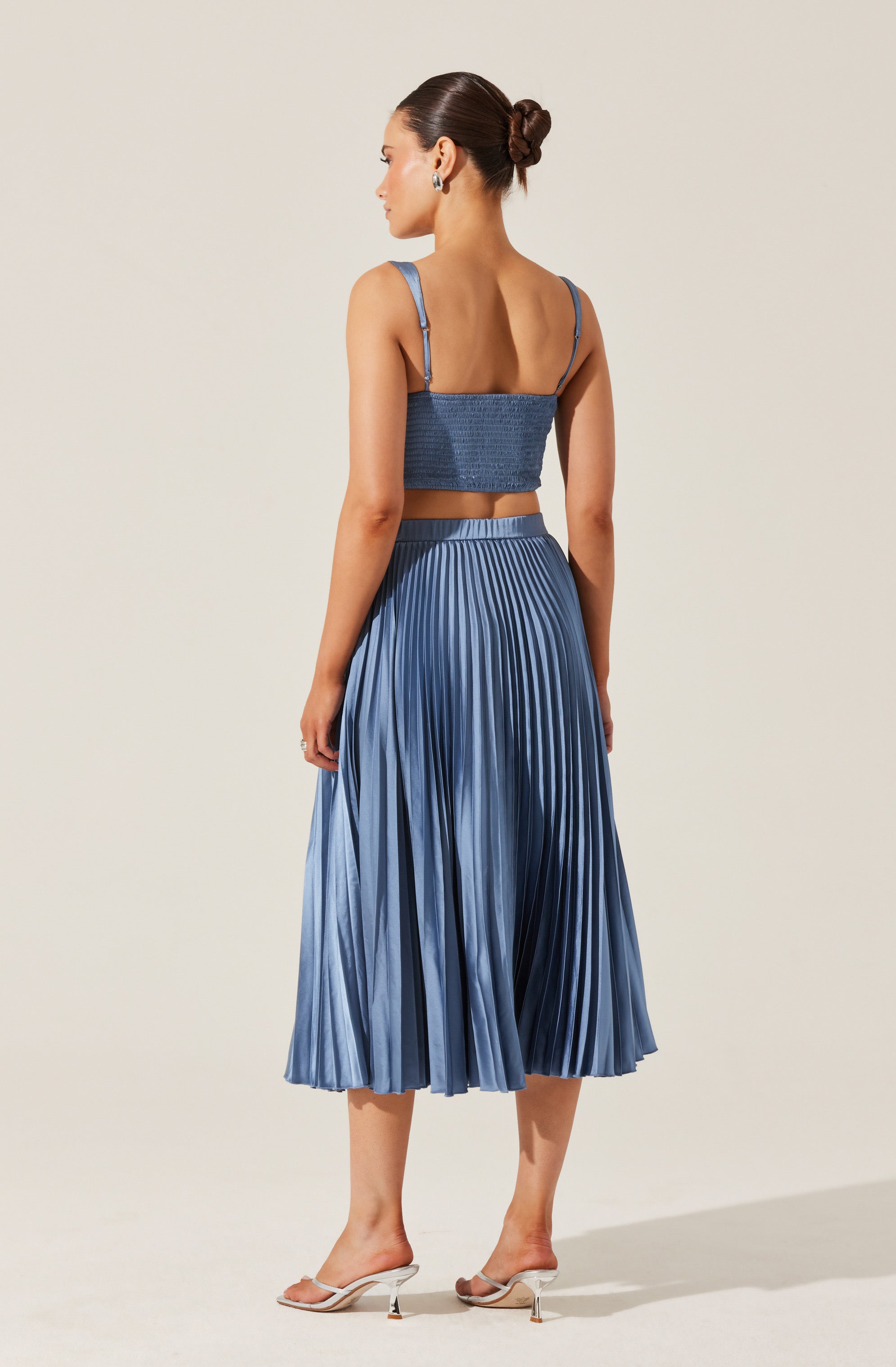 Pleated Satin Midi Skirt-Aljck
