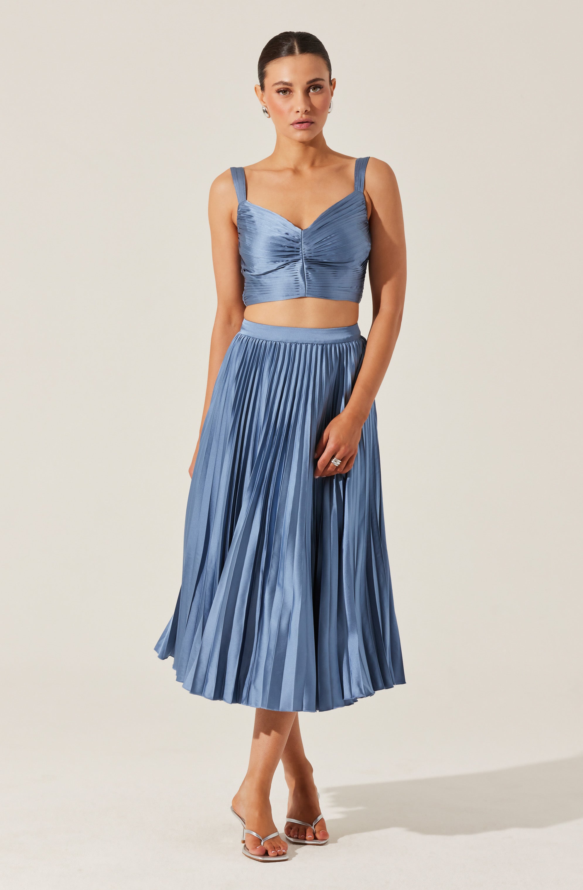 Pleated Satin Midi Skirt-Aljck
