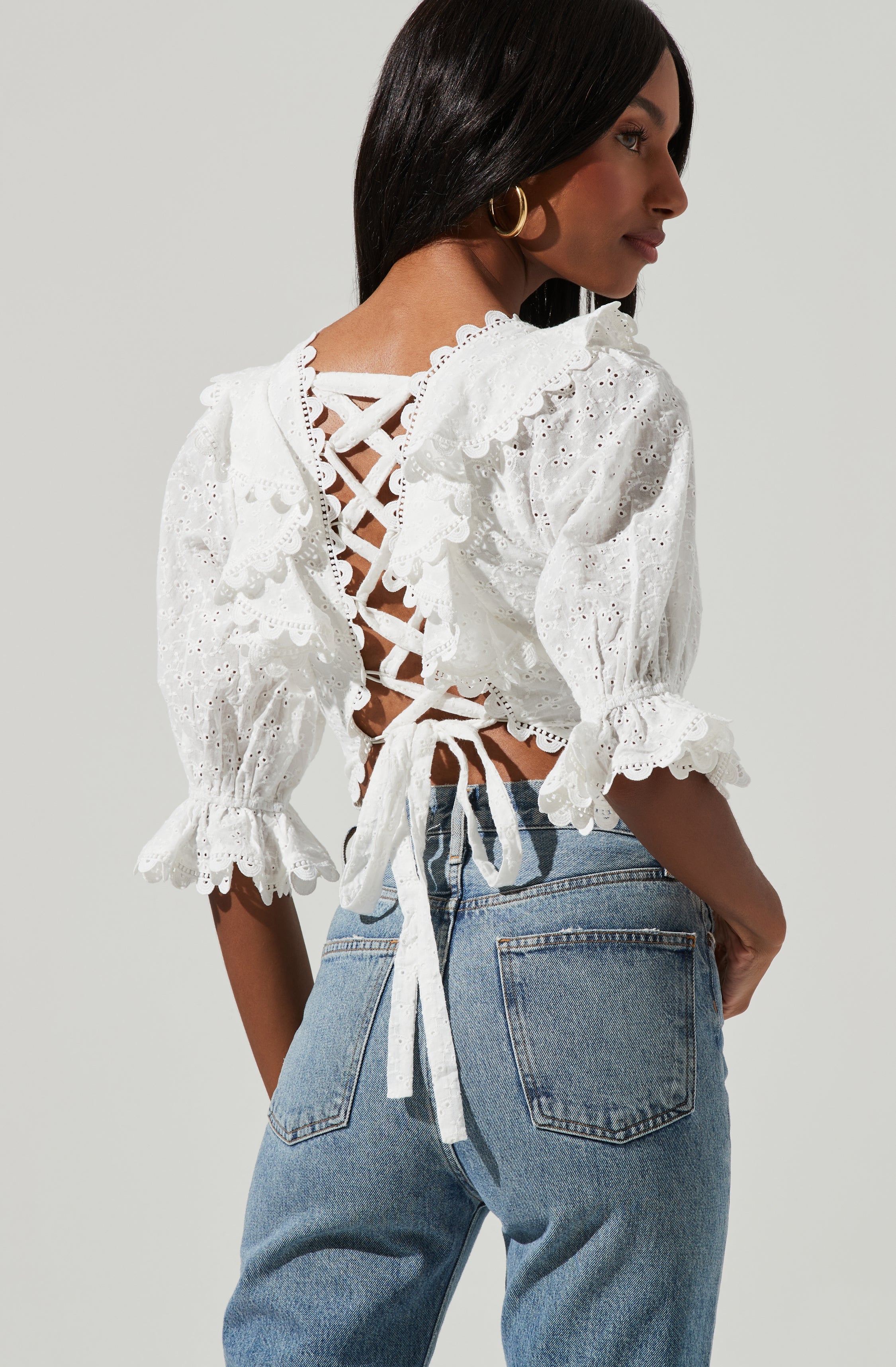 Eyelet Lace Up Back Top-Aljck