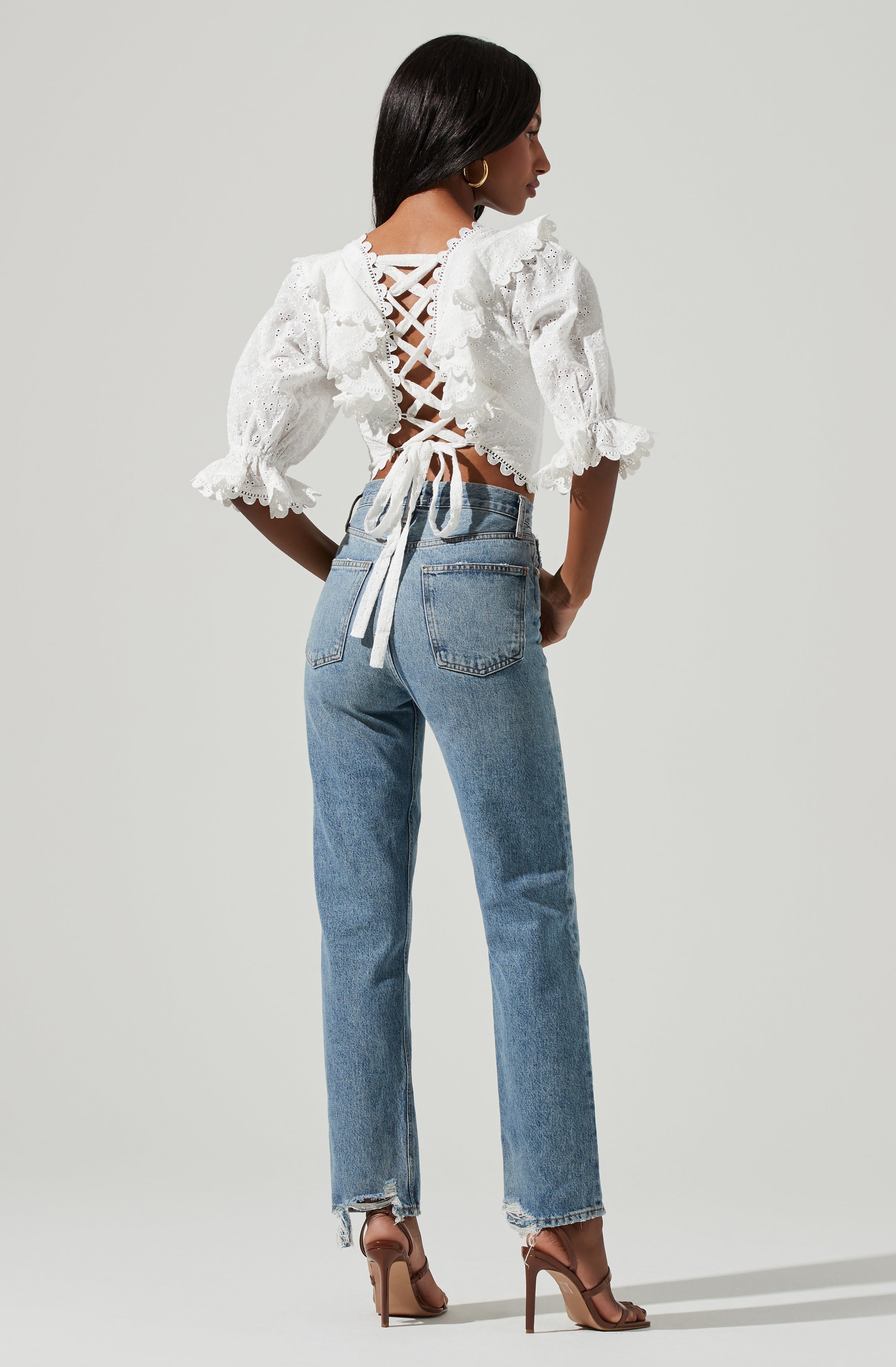 Eyelet Lace Up Back Top-Aljck