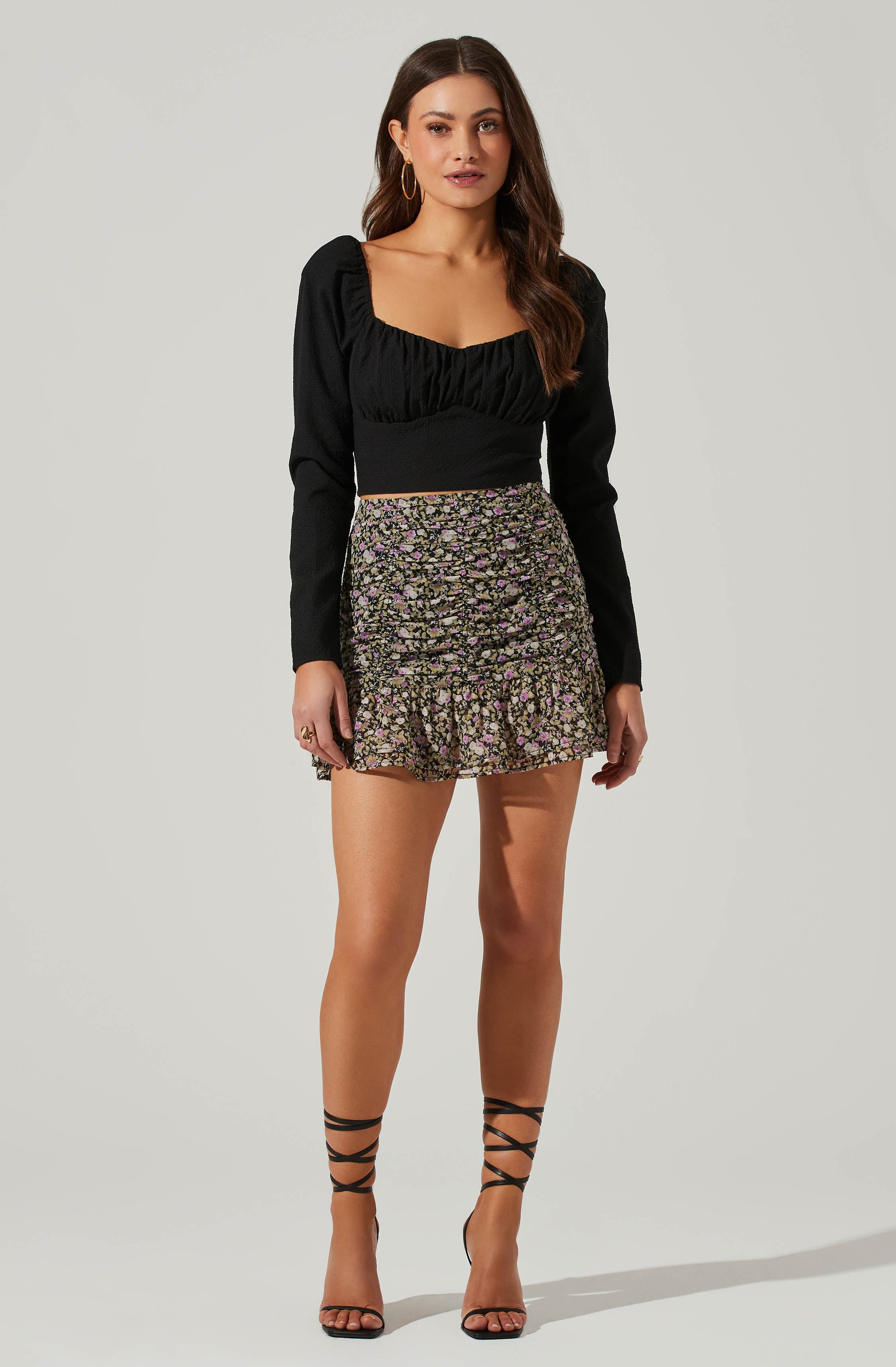 Floral Ruched Mini Skirt-Aljck