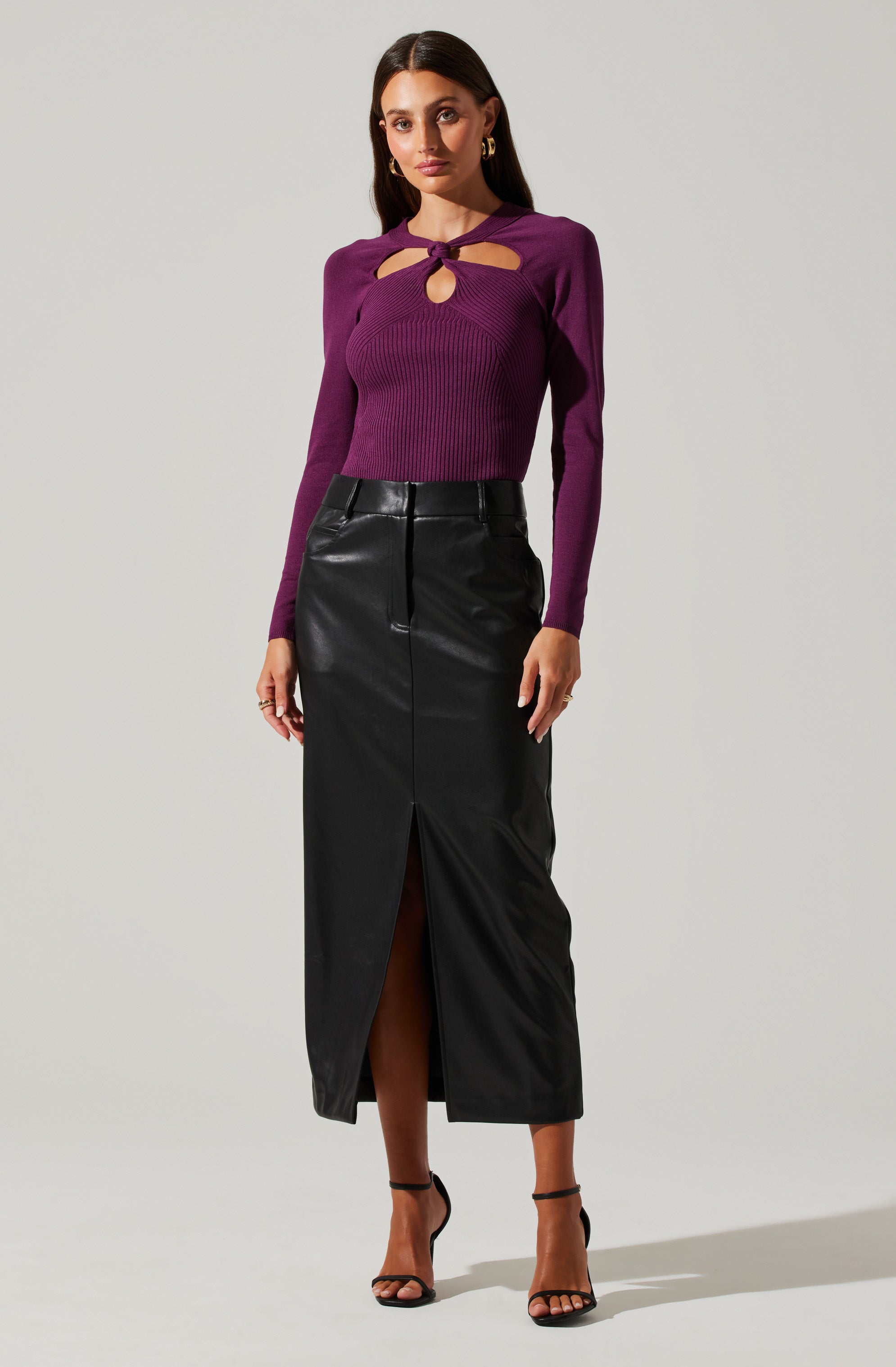 Low Rise Faux Leather Midi Skirt-Aljck