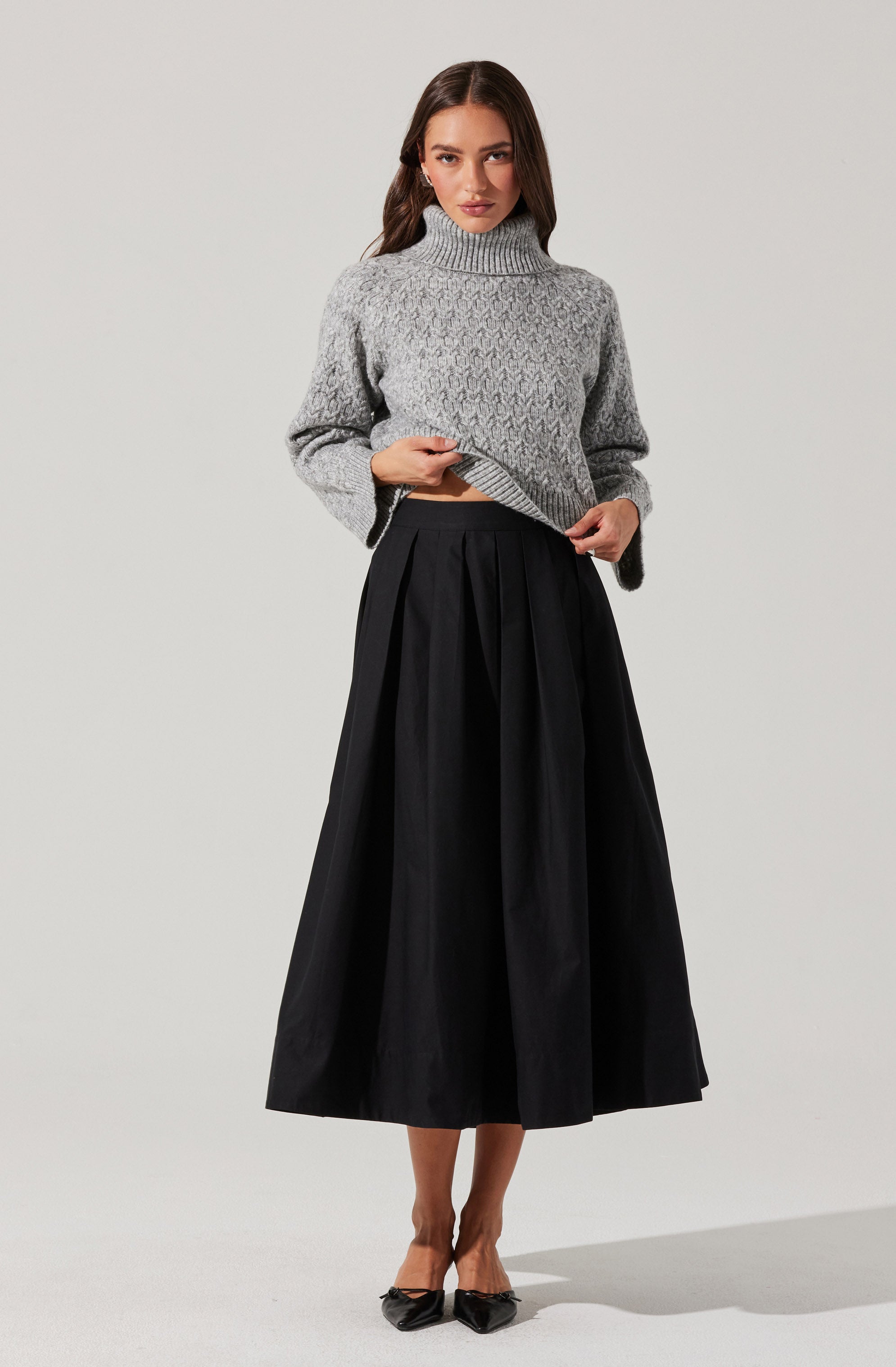 Full Flared Poplin Midi Skirt-Aljck