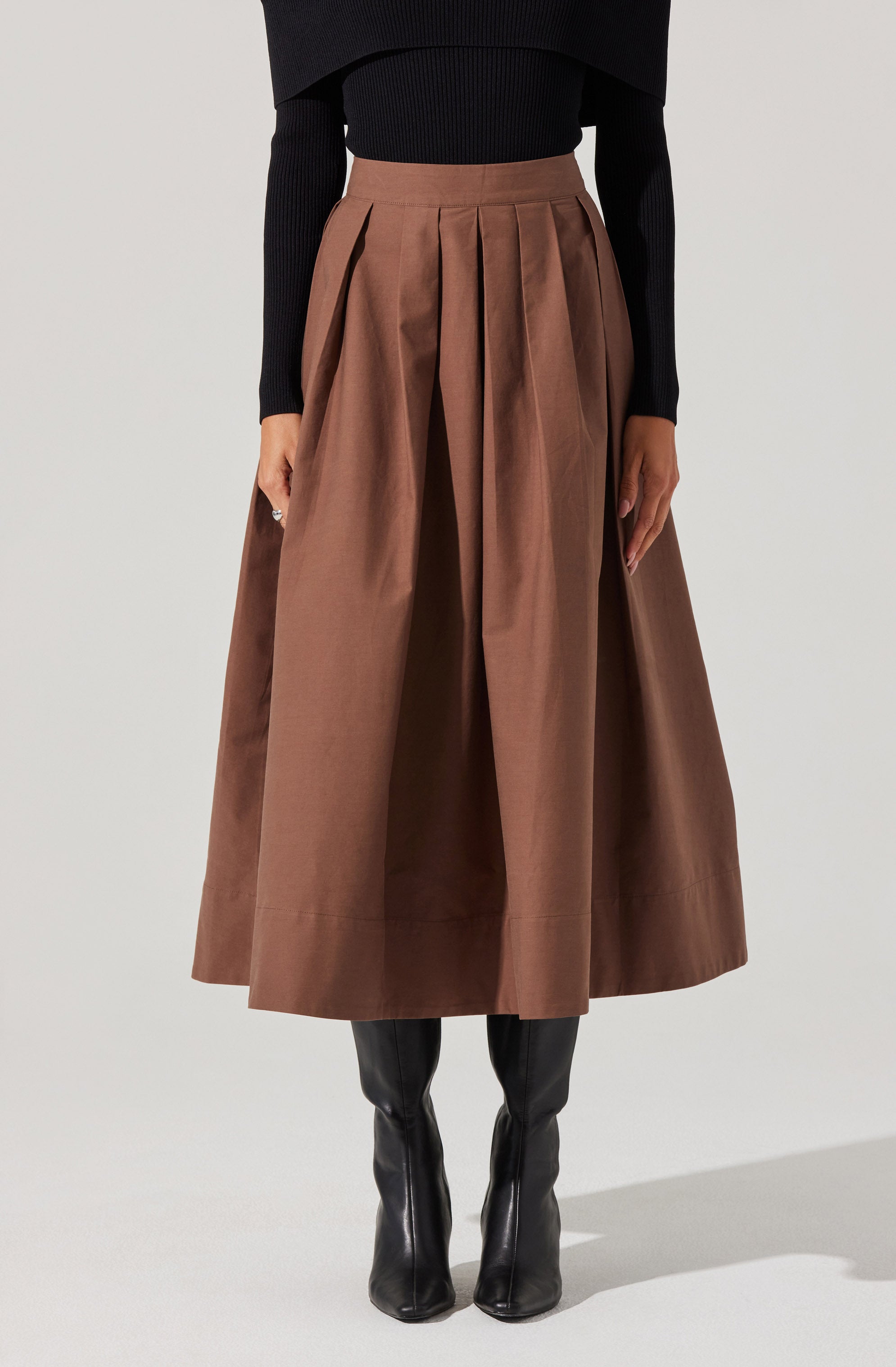 Full Flared Poplin Midi Skirt-Aljck
