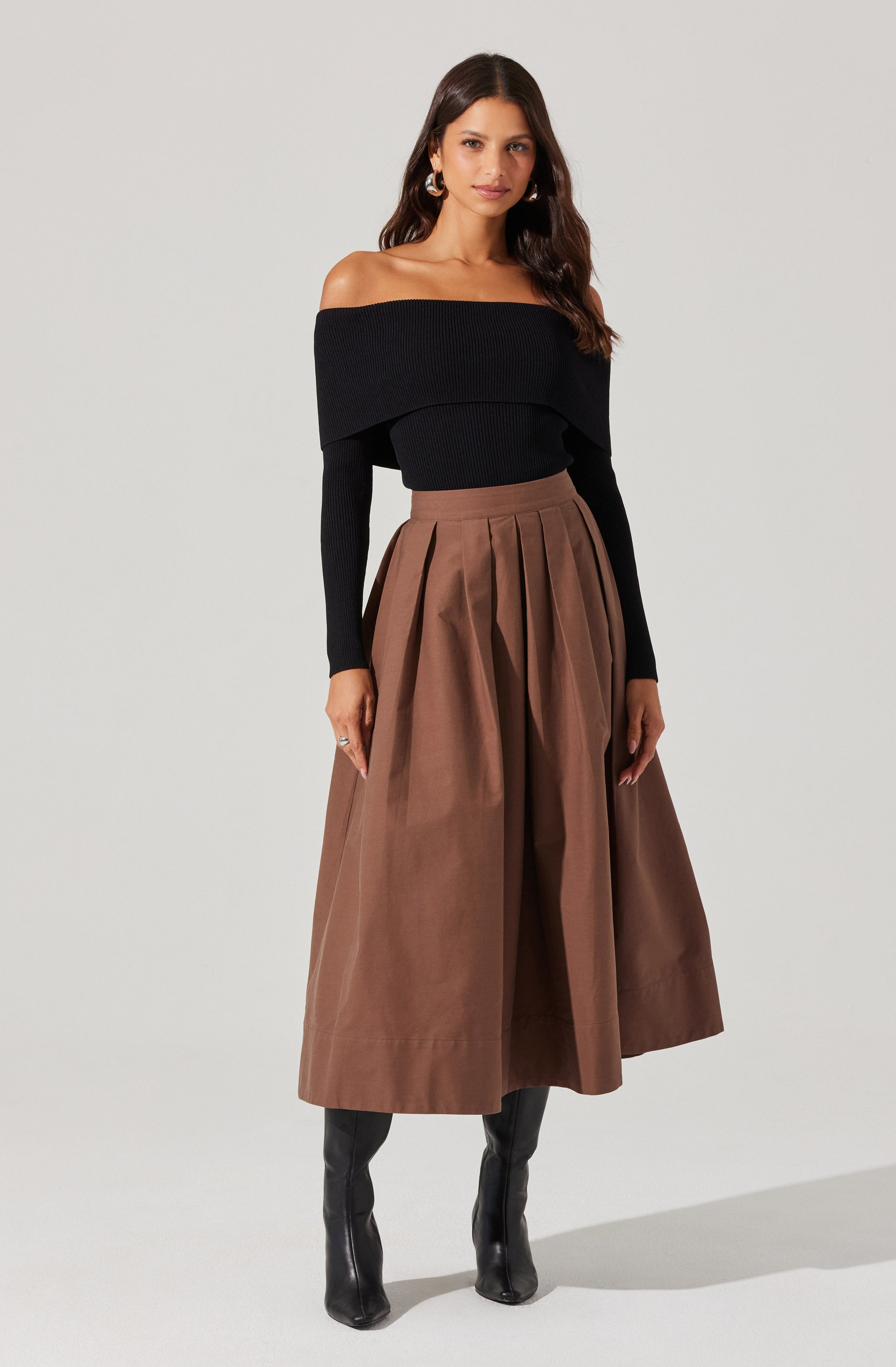 Full Flared Poplin Midi Skirt-Aljck
