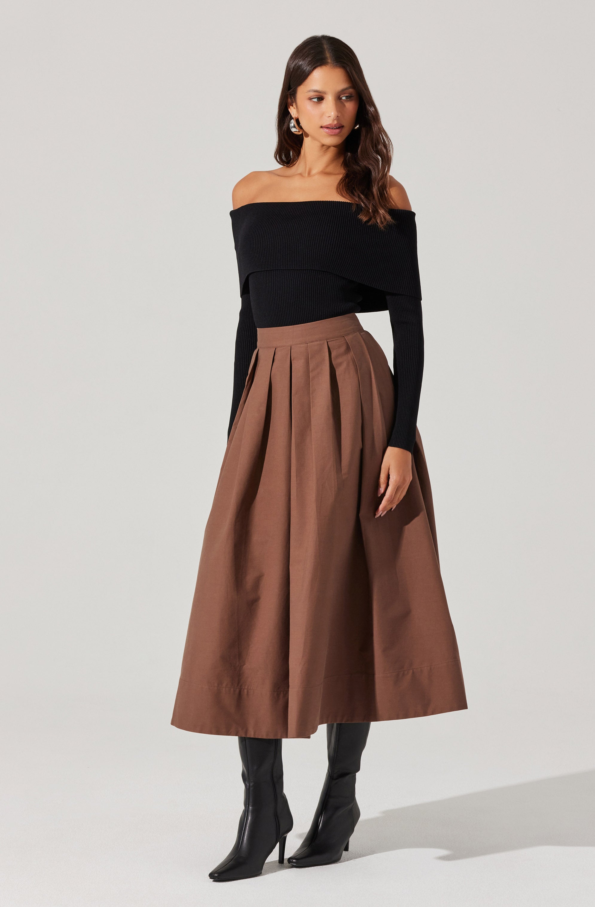 Full Flared Poplin Midi Skirt-Aljck