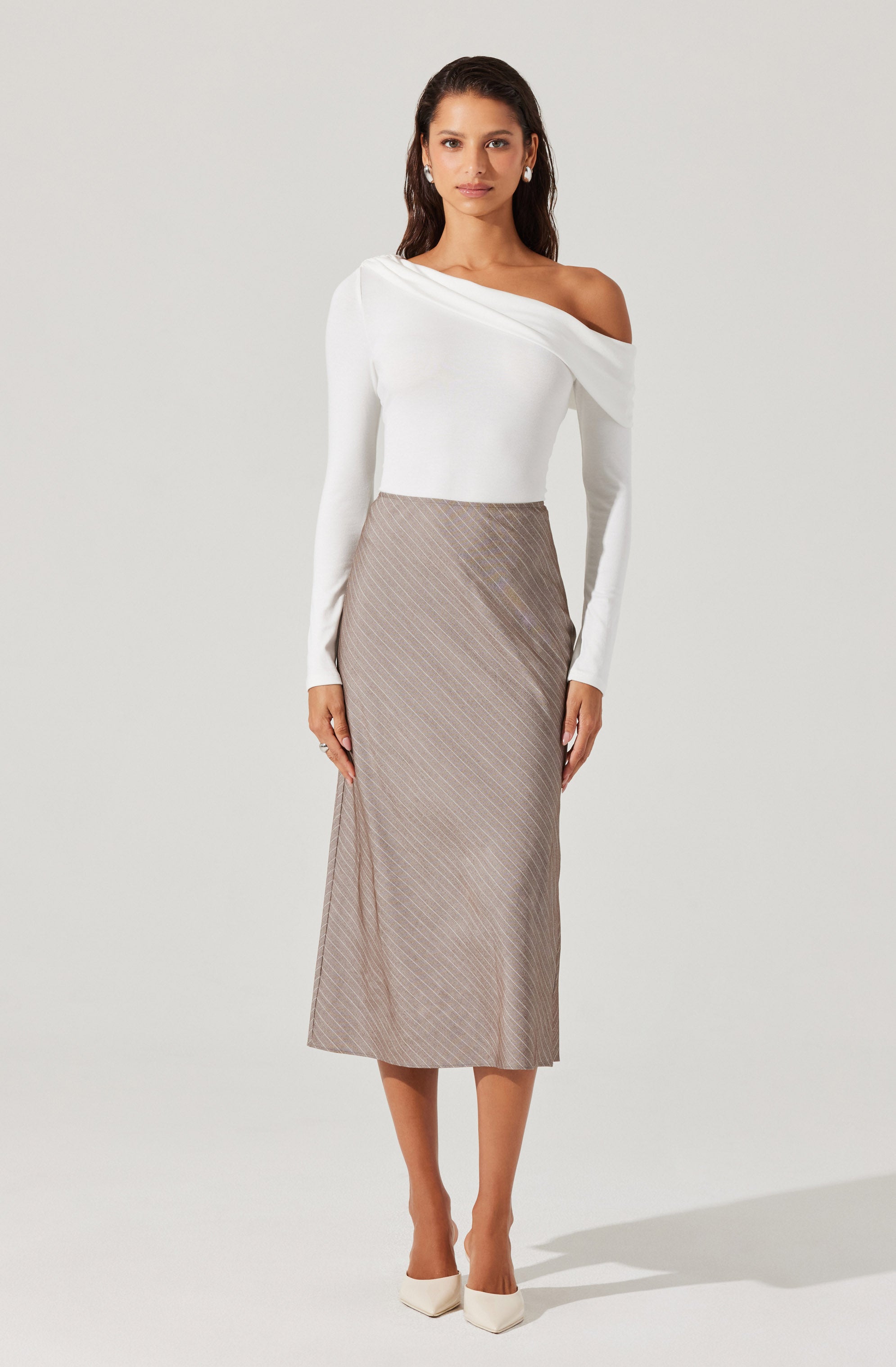 Striped Woven Midi Skirt-Aljck