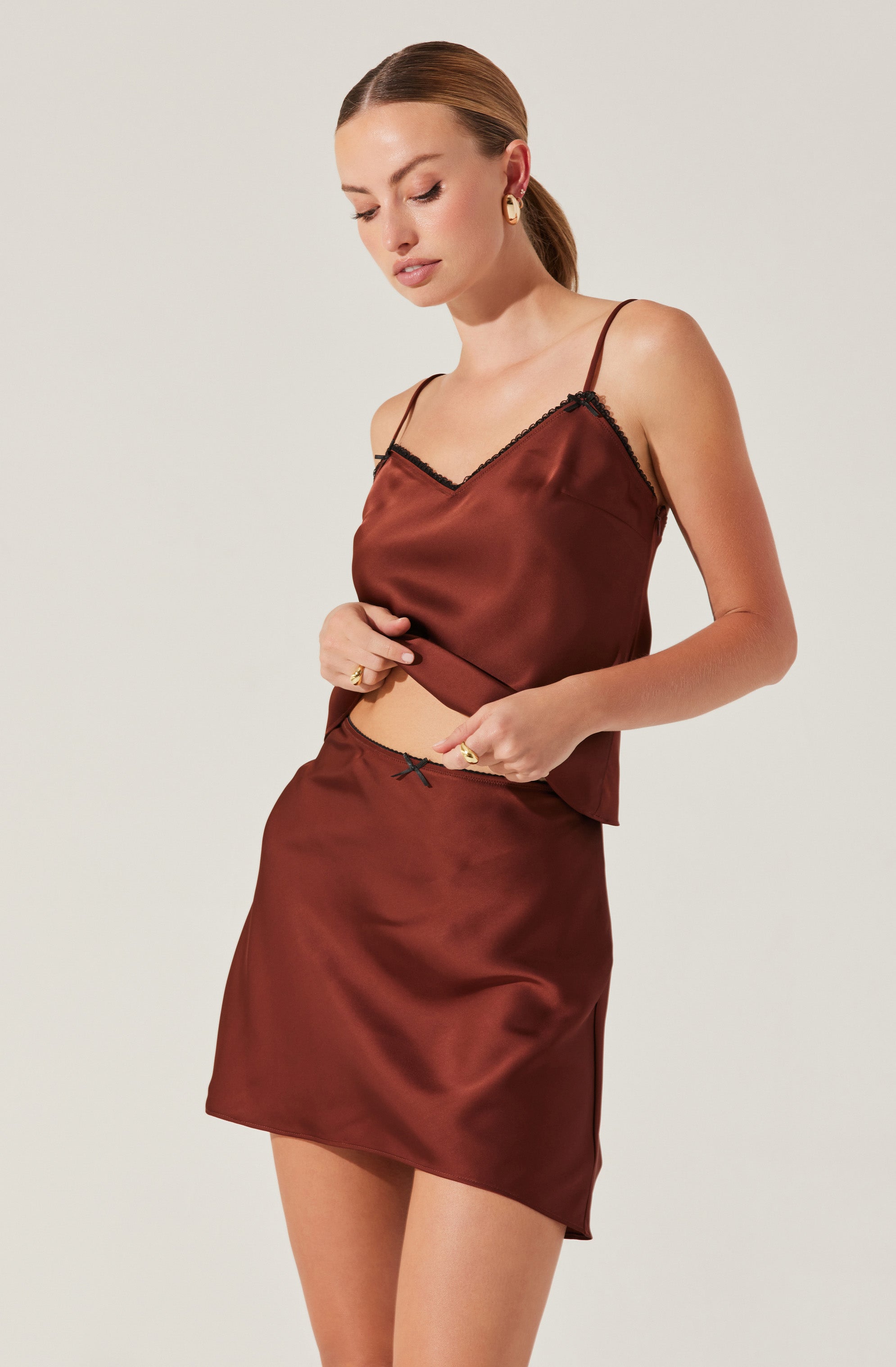 Satin Lace Trim Mini Skirt-Aljck