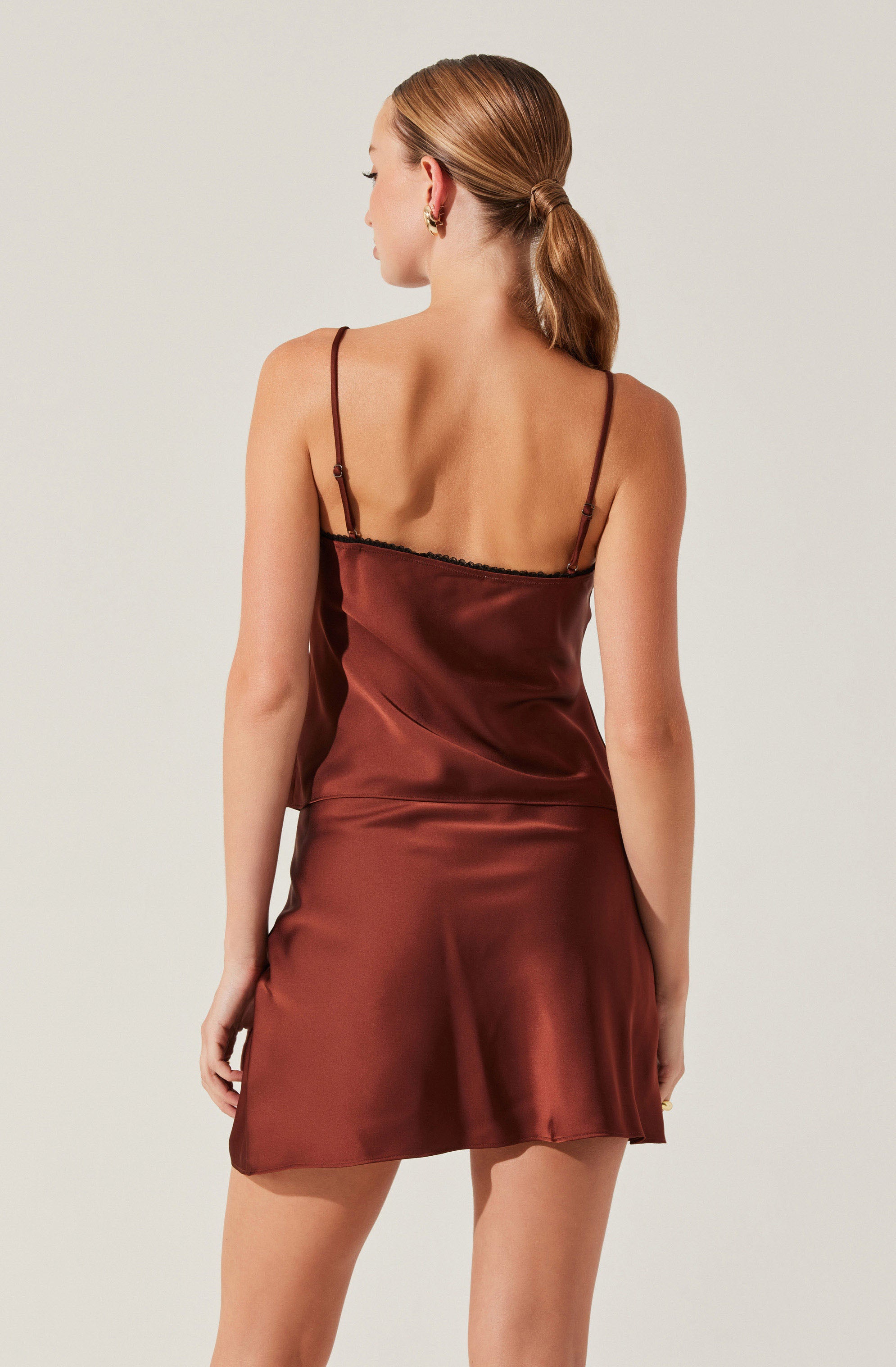 Satin Lace Trim Mini Skirt-Aljck