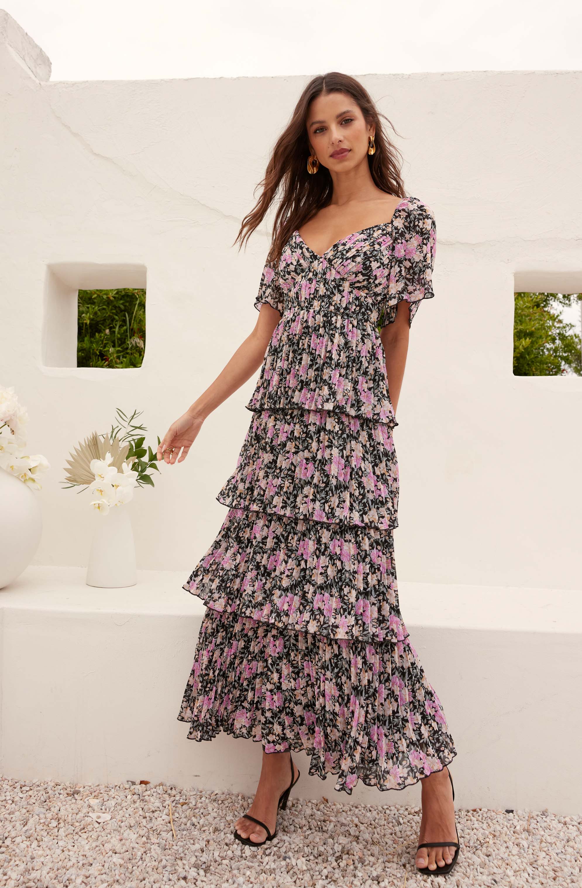 Gracelynn Tiered Short Sleeve Floral Maxi Dress-Aljck