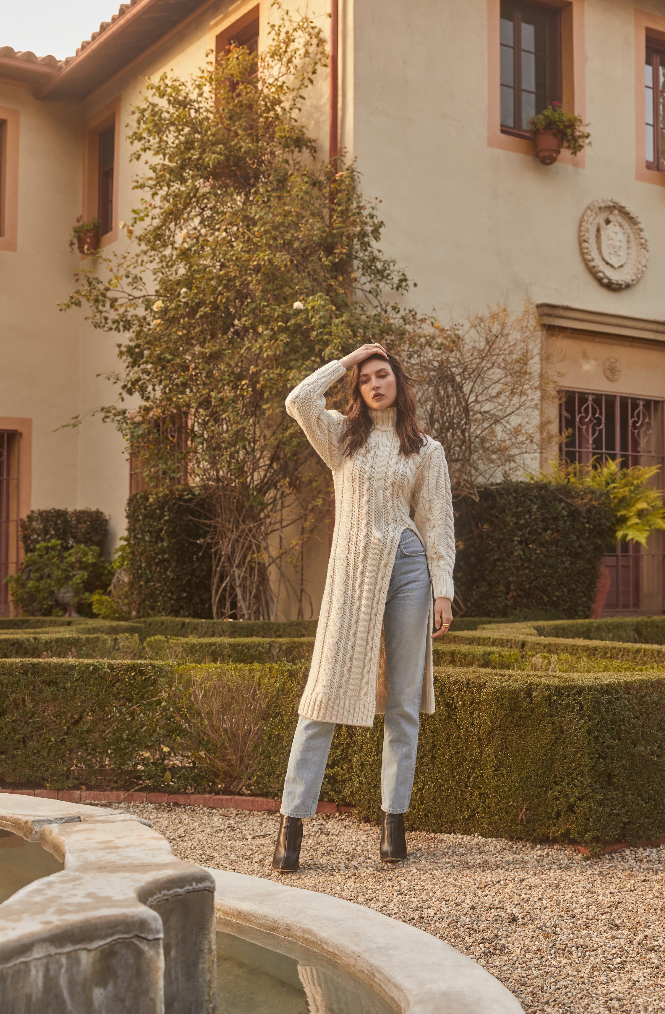 Evangelina Cable Knit Turtleneck Hi Slit Sweater-Aljck