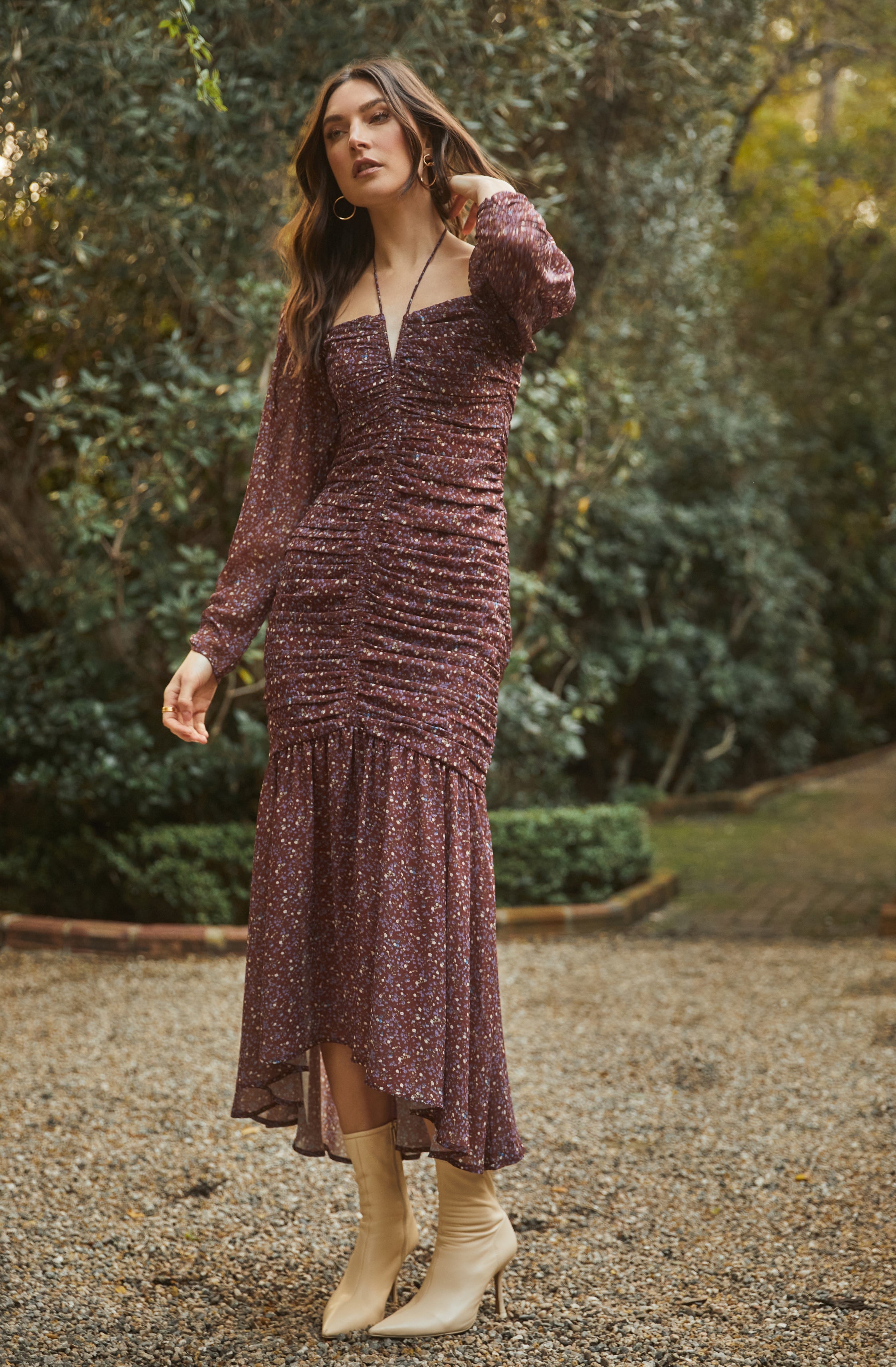 Athena Floral Ruched Long Sleeve Midi Dress-Aljck