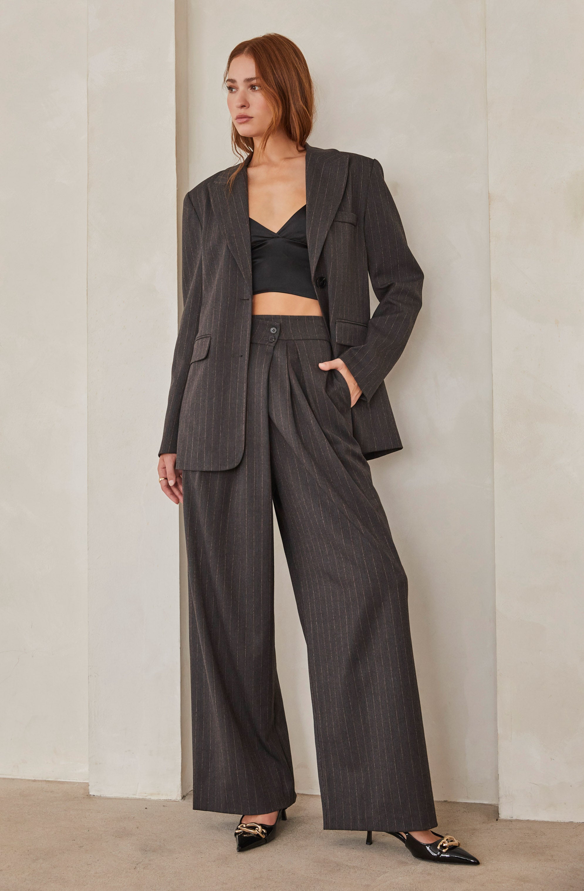 Boyfriend Pleated Criss-Cross Waist Pants-Aljck