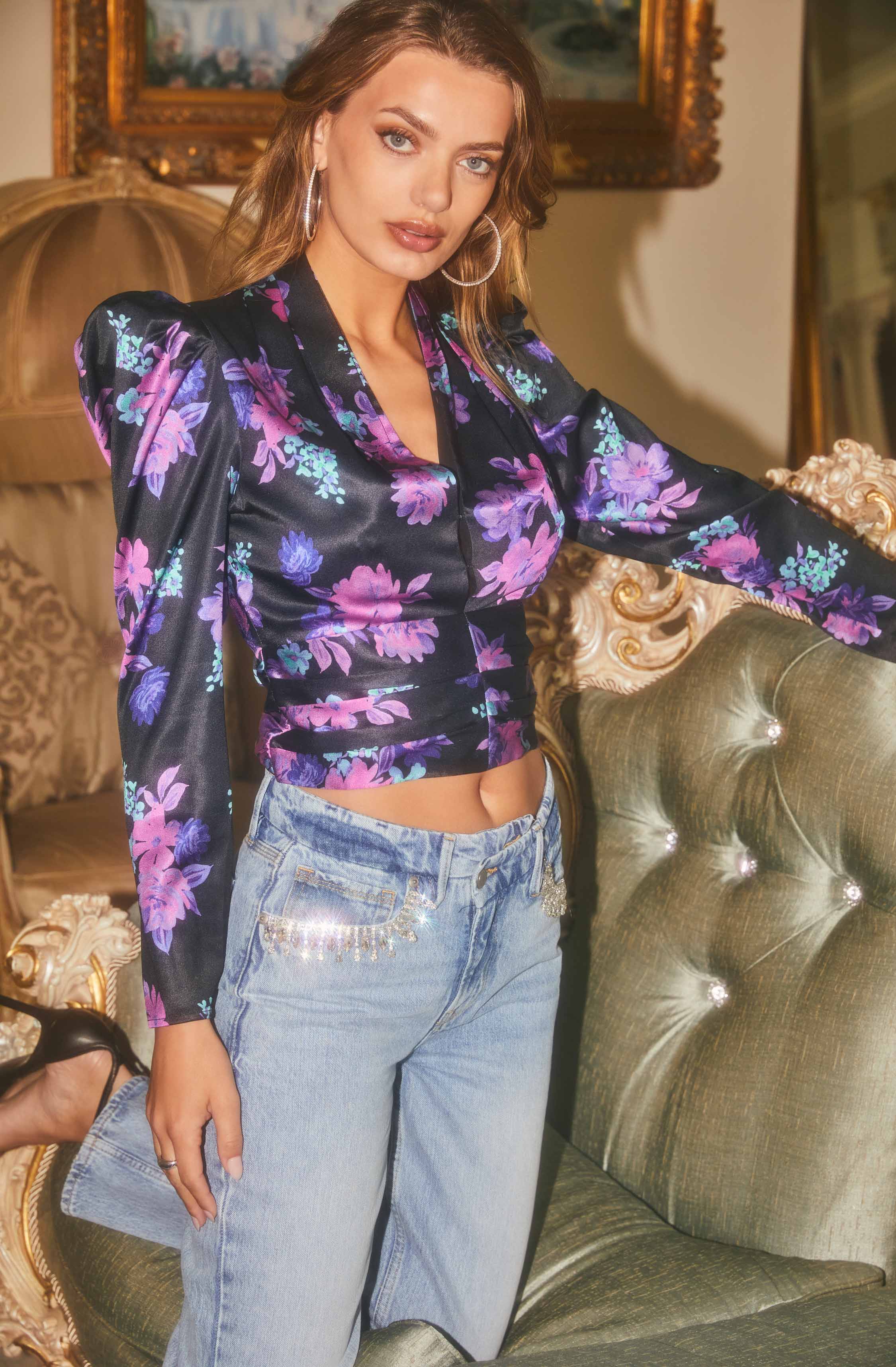 Lili Floral Puff Sleeve Tie Waist Top-Aljck