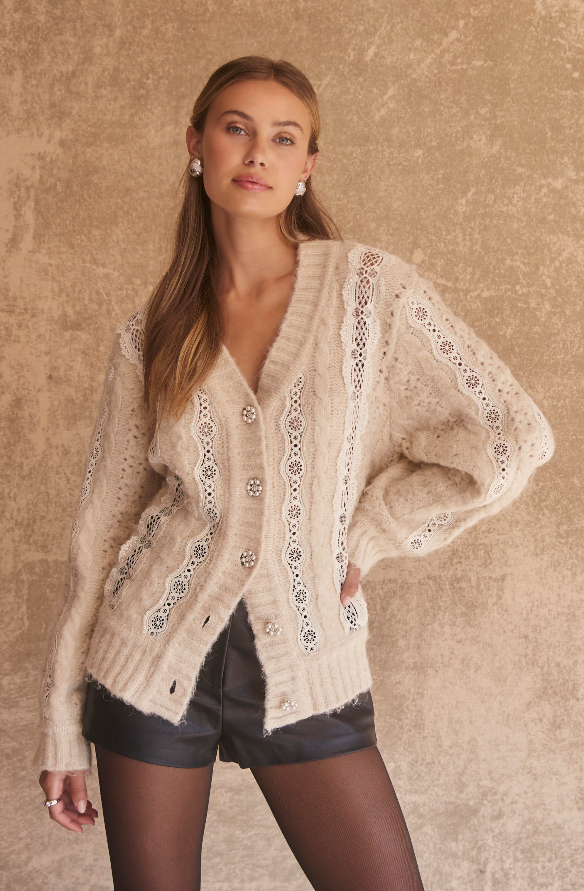 Nesmarie Lace Embellished Cardigan-Aljck