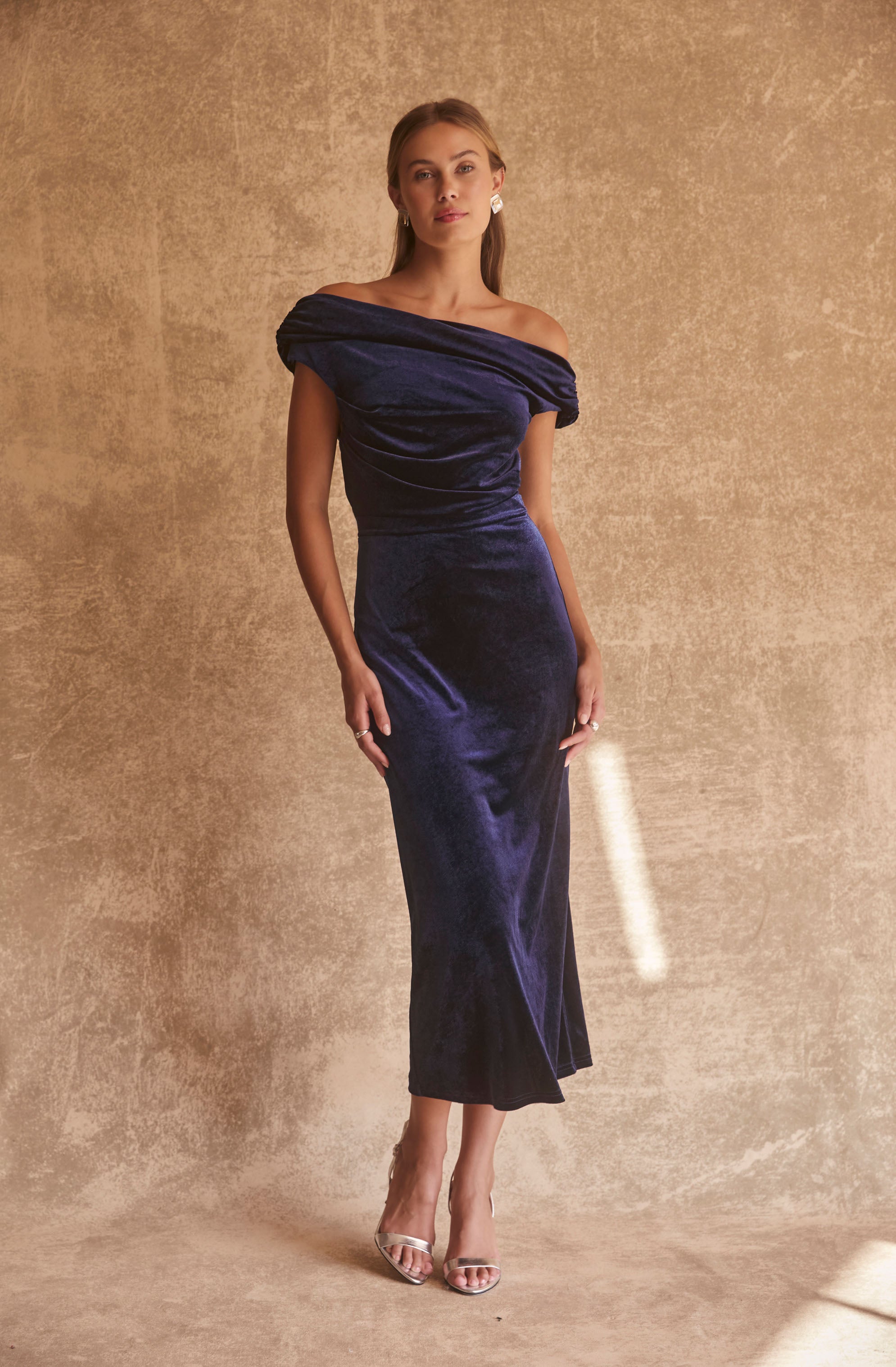Velvet Off Shoulder Midi Dress-Aljck