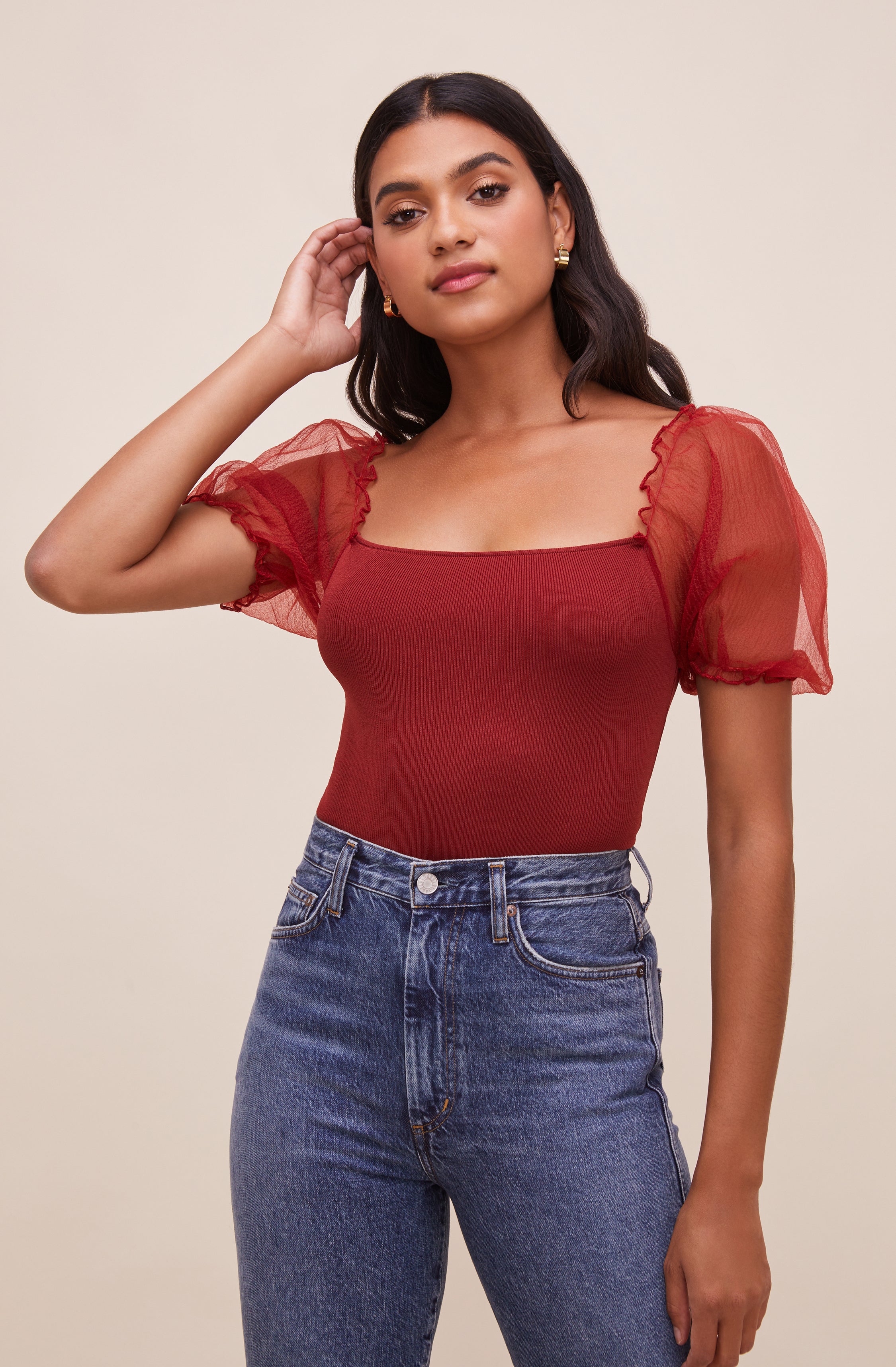 Darling Sheer Puff Sleeve Bodysuit-Aljck