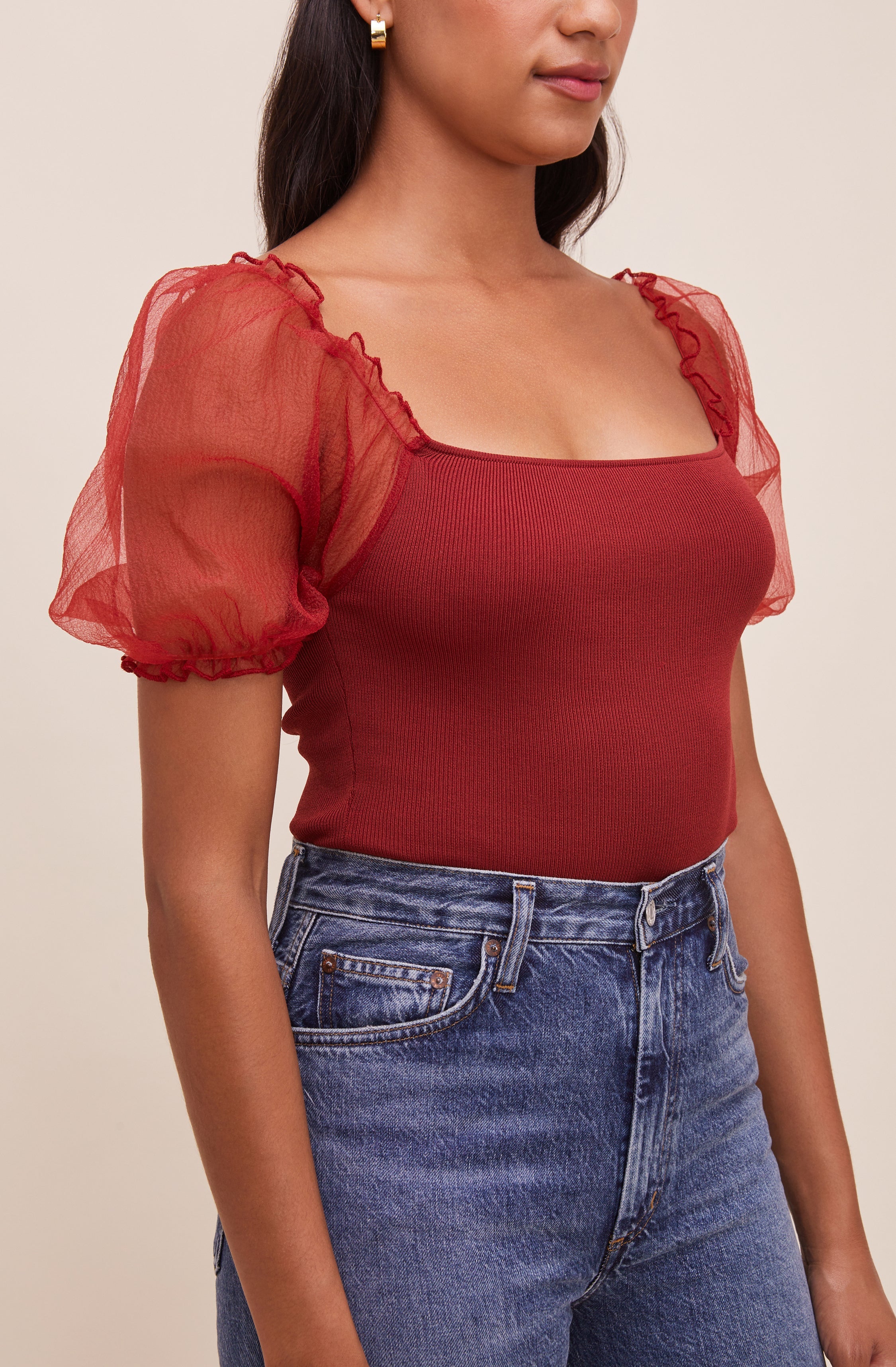 Darling Sheer Puff Sleeve Bodysuit-Aljck
