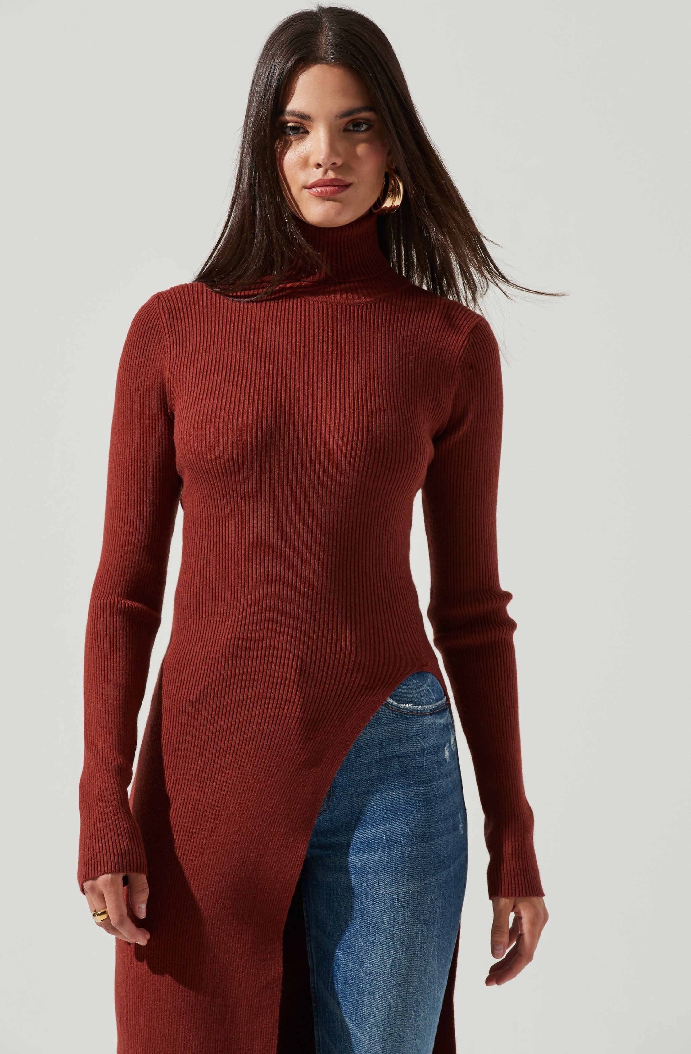 Hi Slit Turtleneck Sweater-Aljck