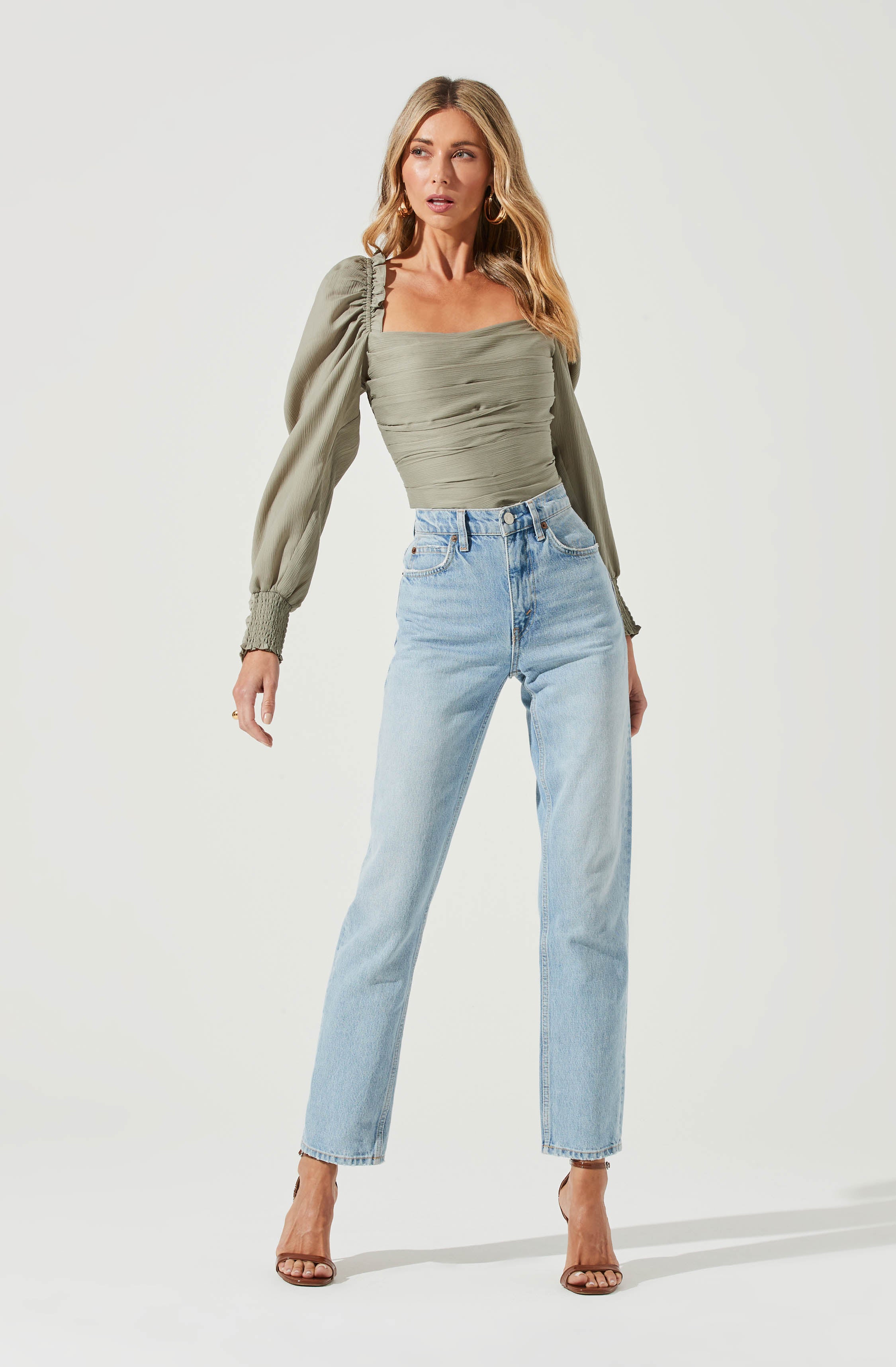 Puff Sleeve Square Neck Top-Aljck