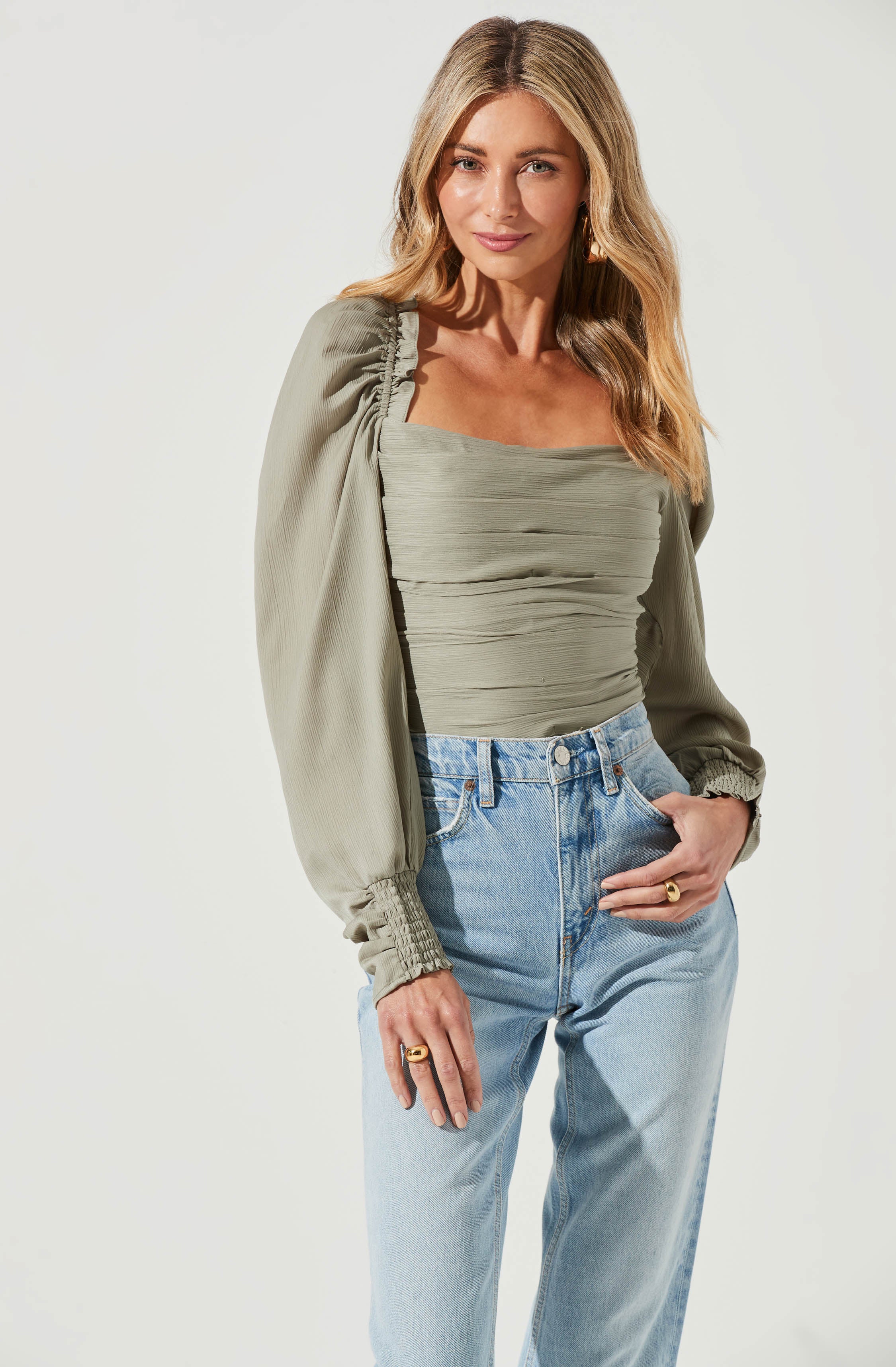 Puff Sleeve Square Neck Top-Aljck