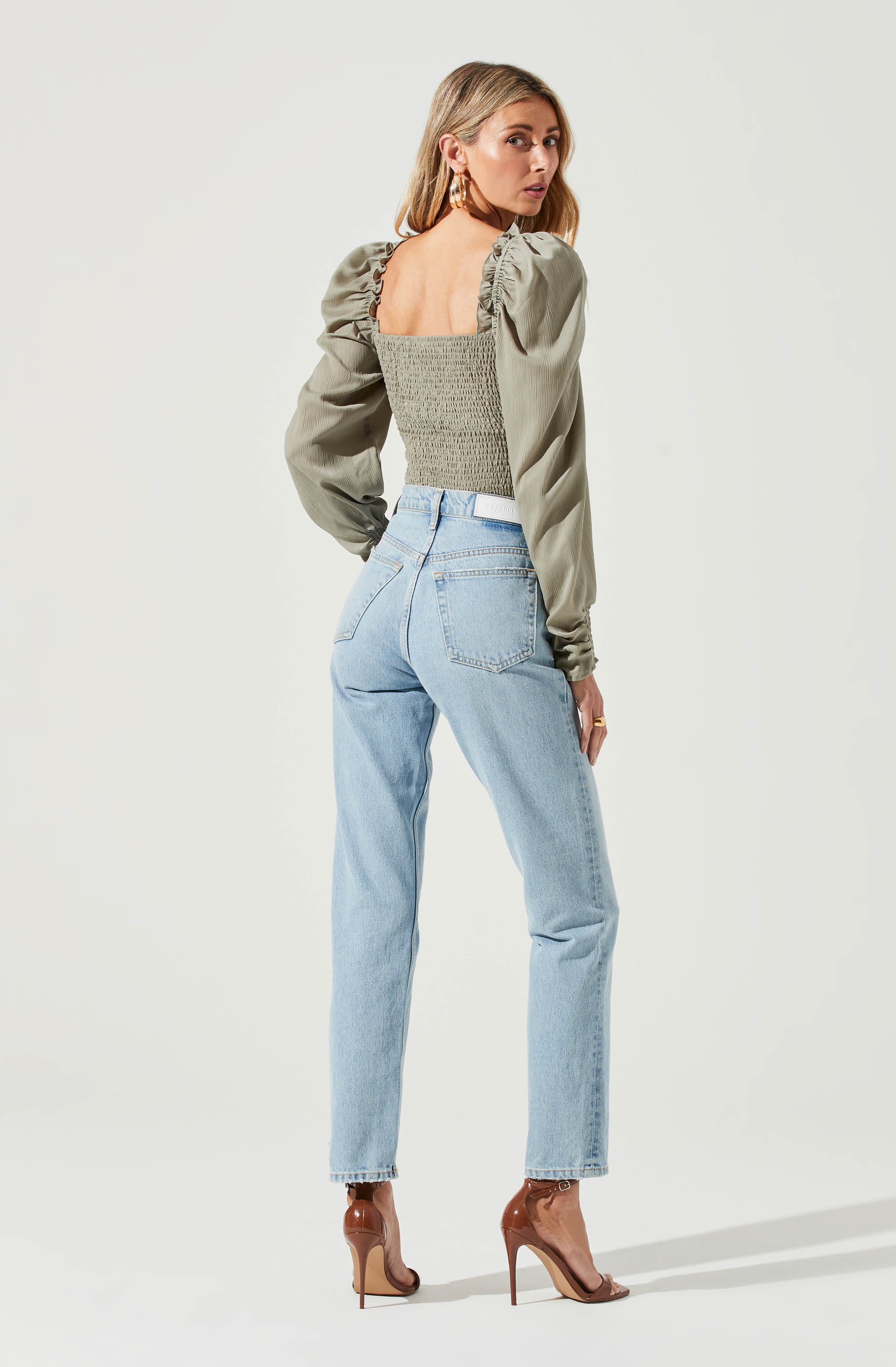 Puff Sleeve Square Neck Top-Aljck