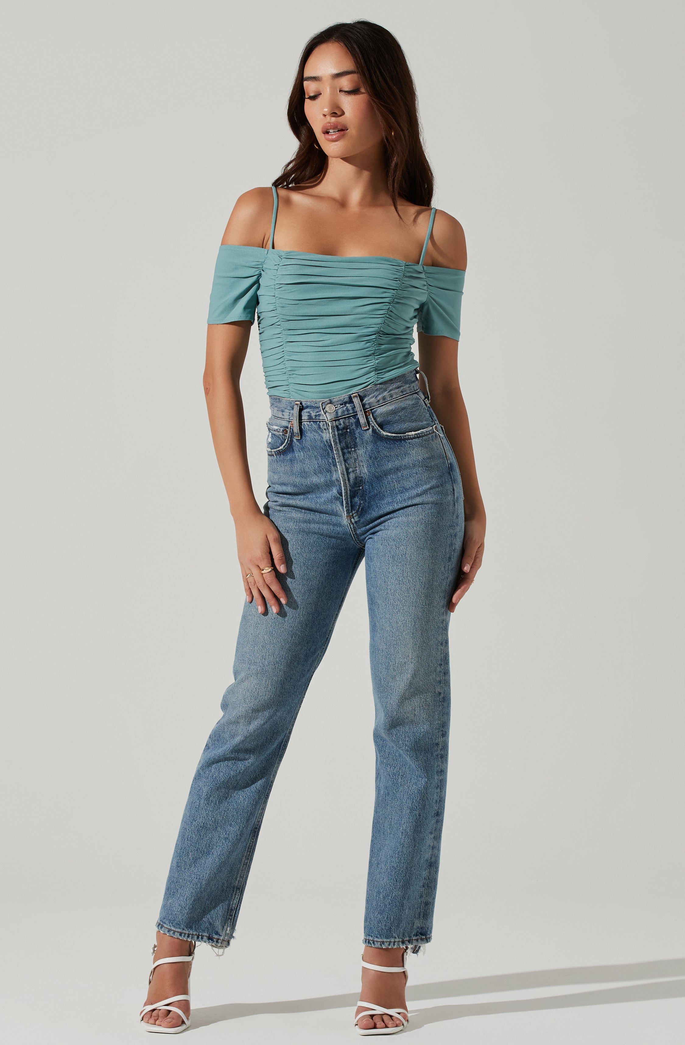 Ruched Off Shoulder Top-Aljck