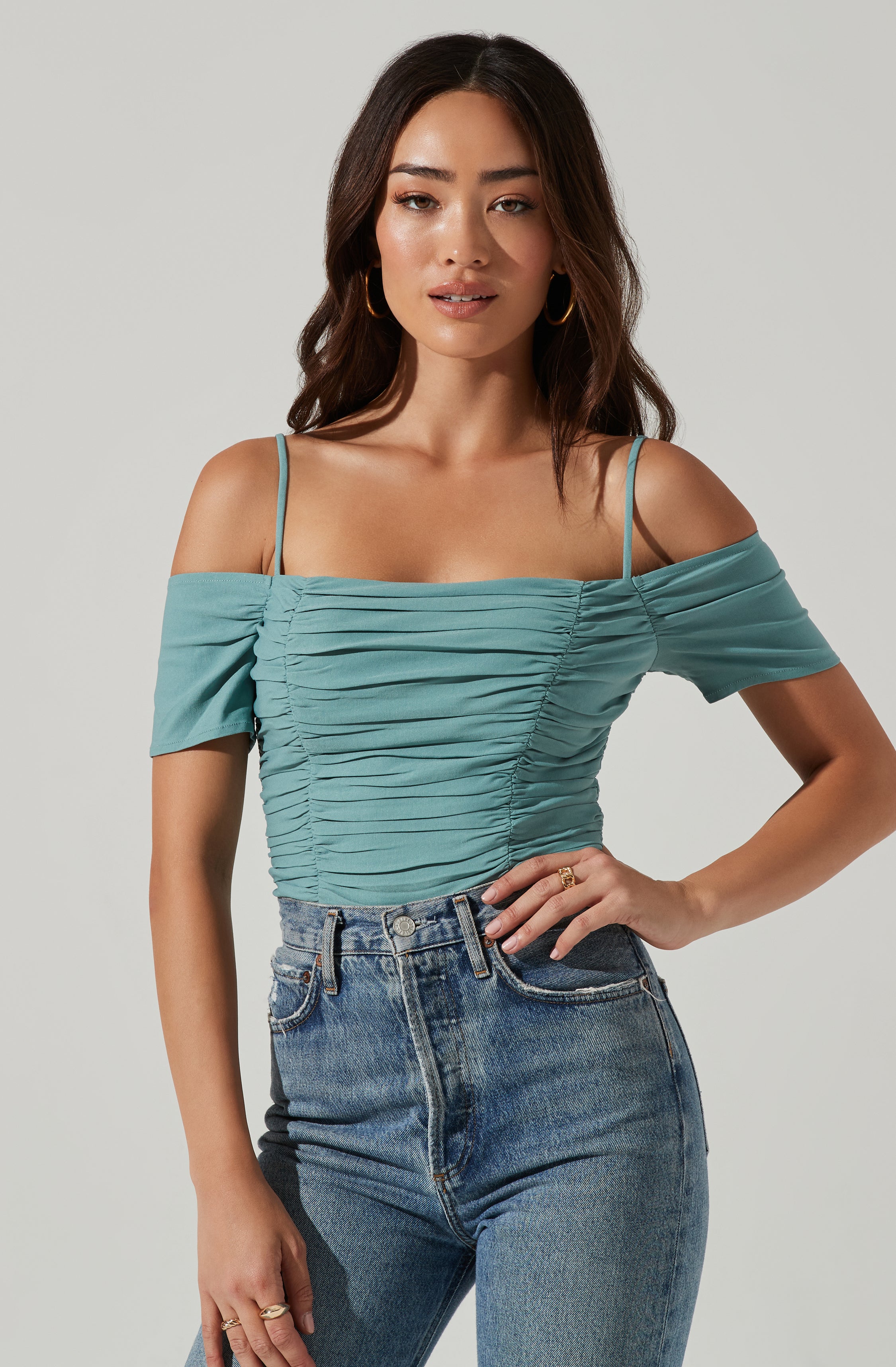 Ruched Off Shoulder Top-Aljck