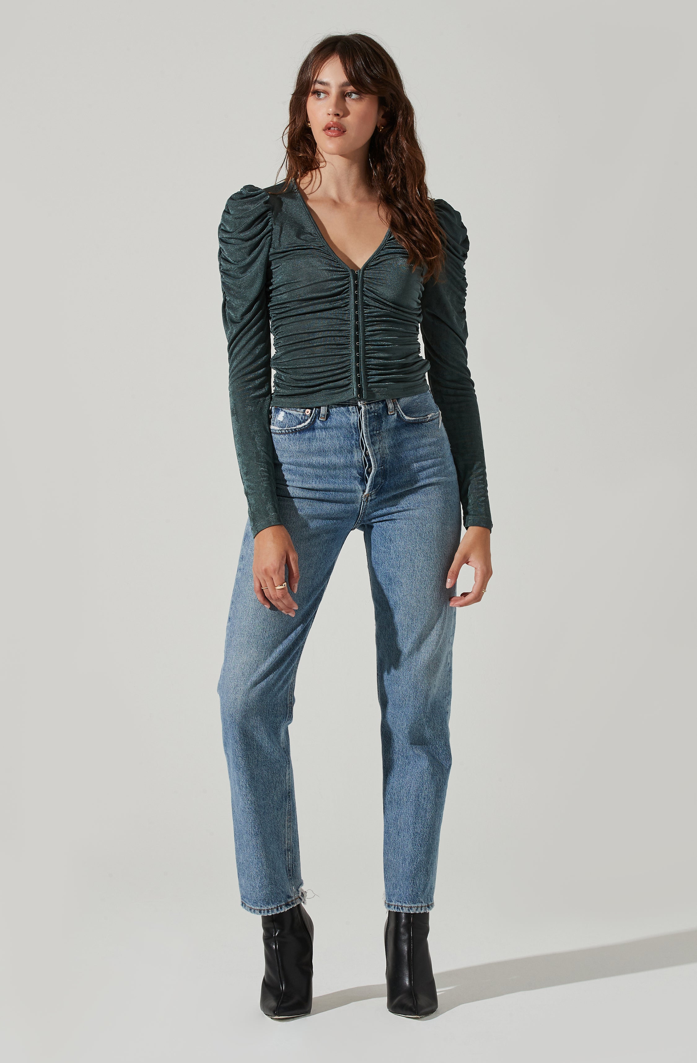 Ruched Front Long Sleeve Top-Aljck