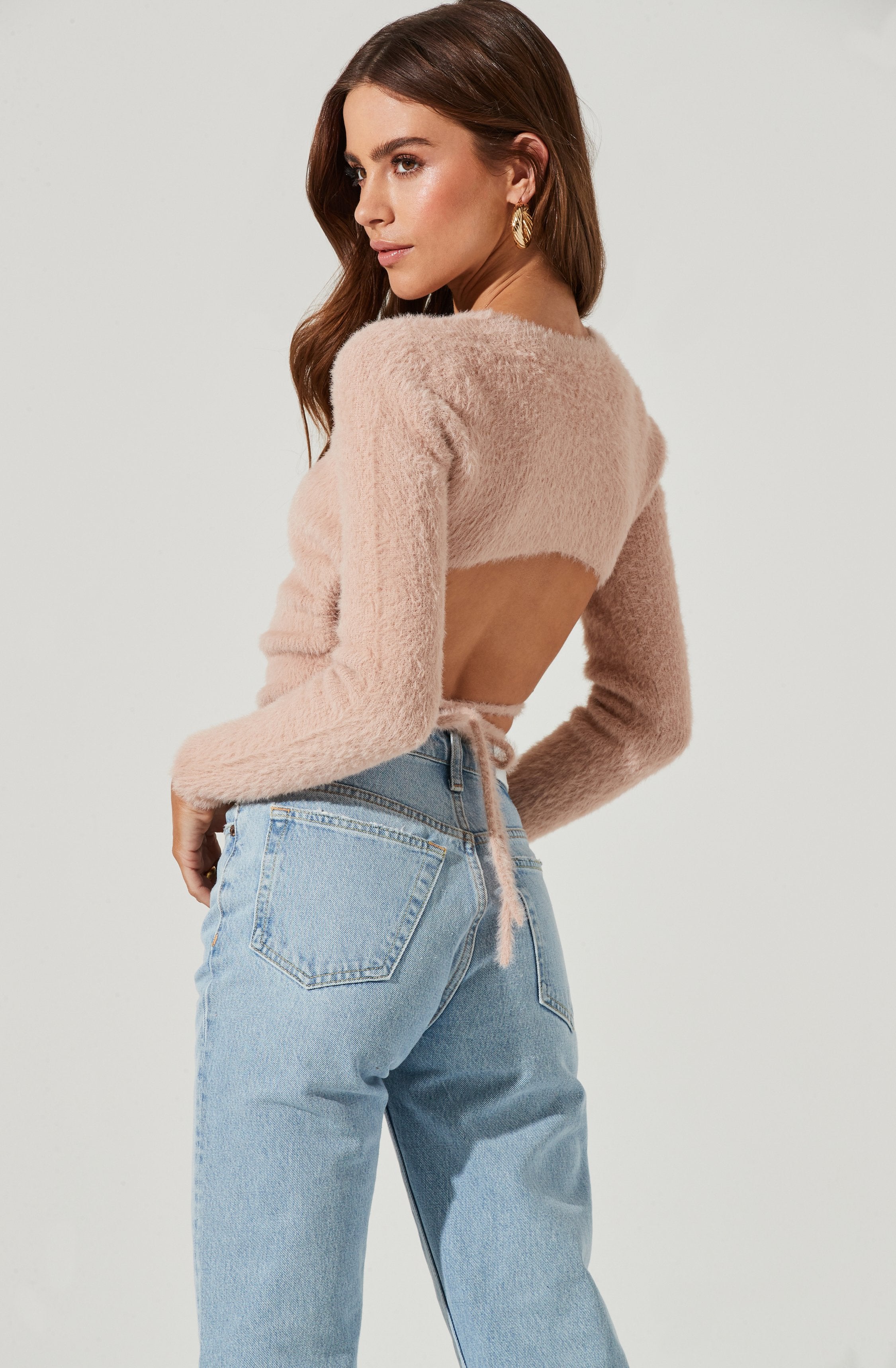Back Cutout Tie Waist Sweater-Aljck