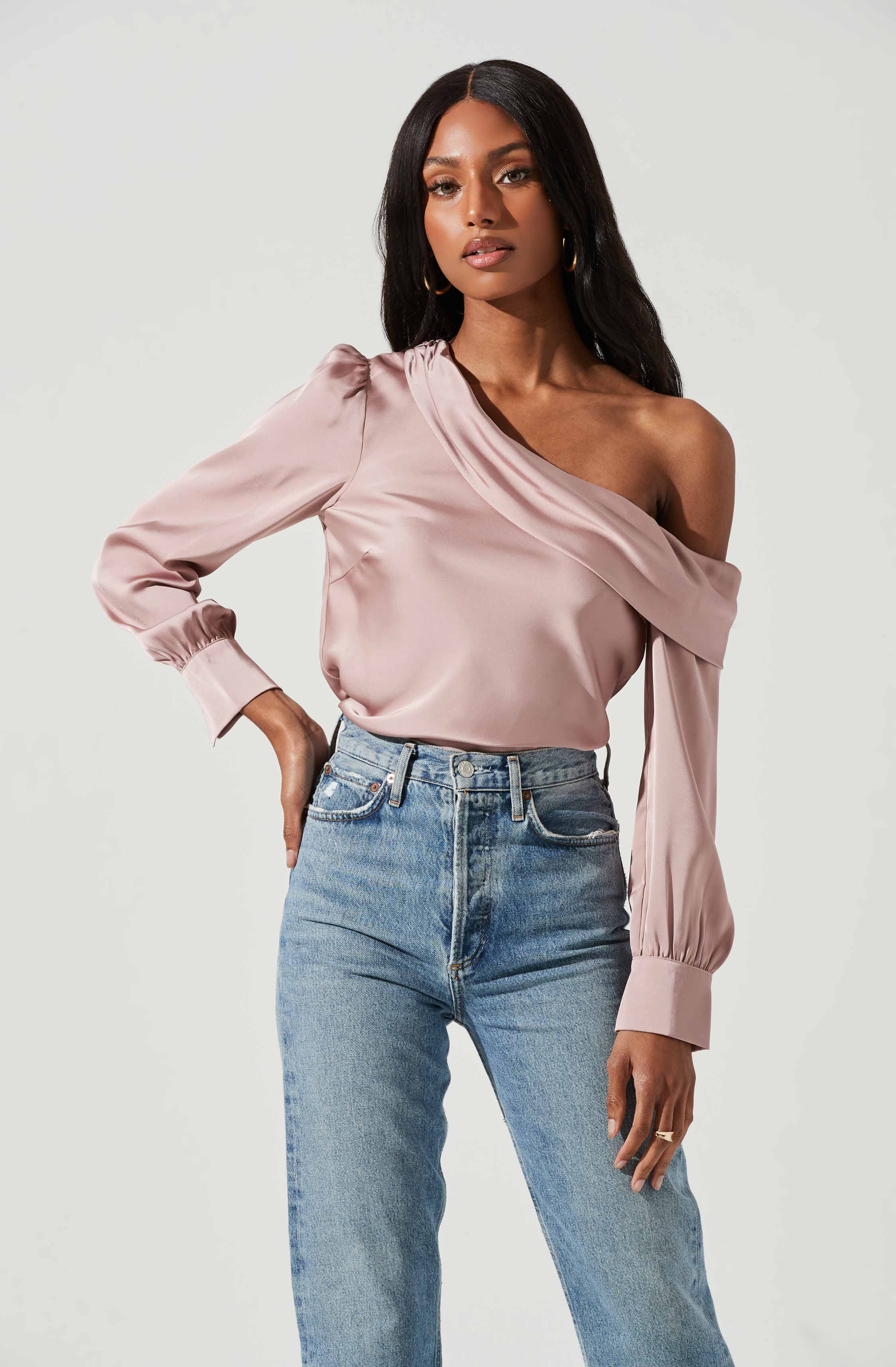 Ellen Draped Off Shoulder Long Sleeve Top-Aljck