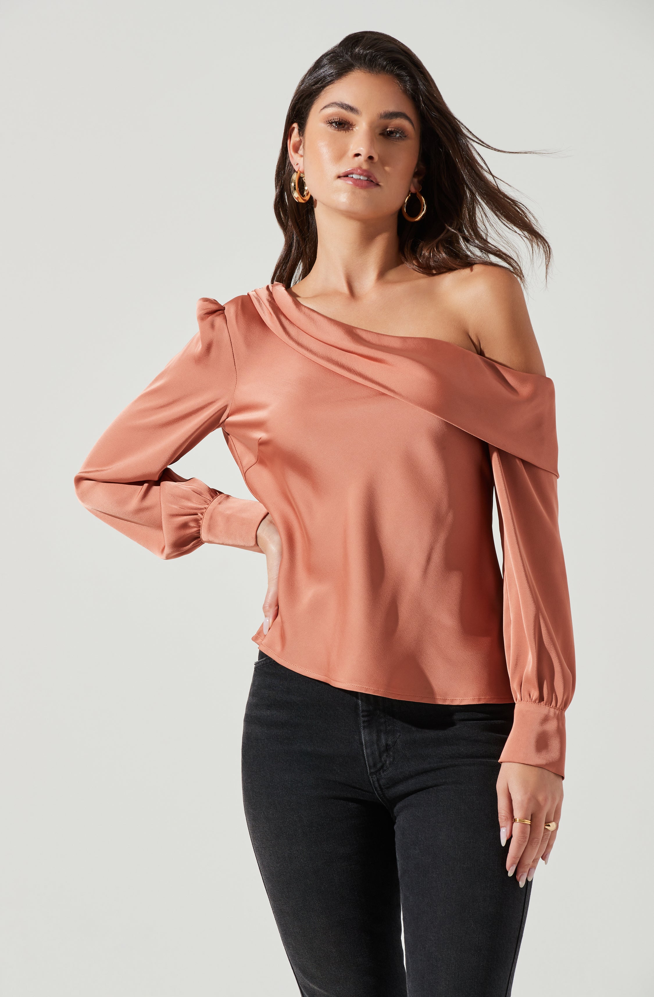 Ellen Draped Off Shoulder Long Sleeve Top-Aljck