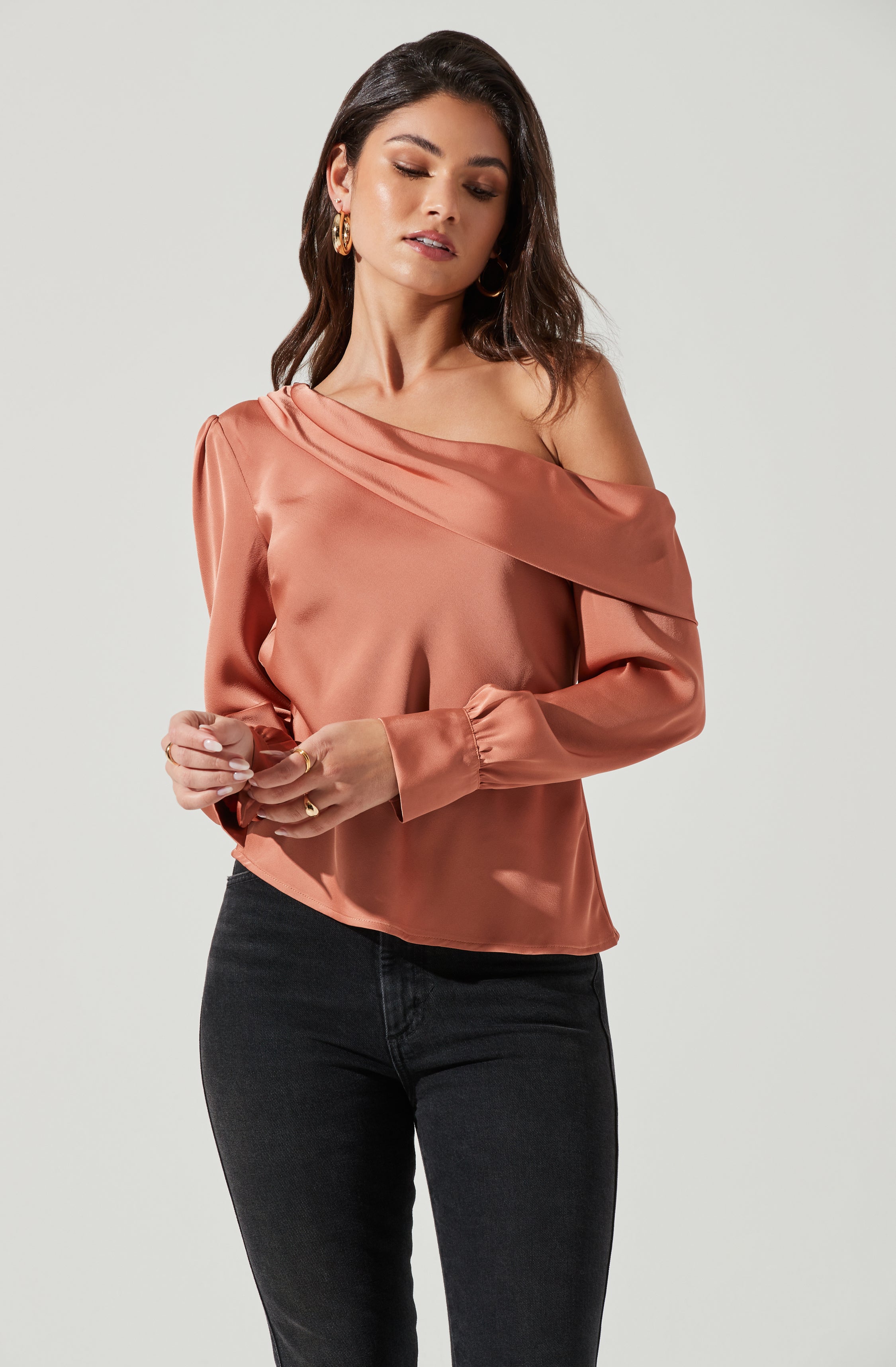 Ellen Draped Off Shoulder Long Sleeve Top-Aljck