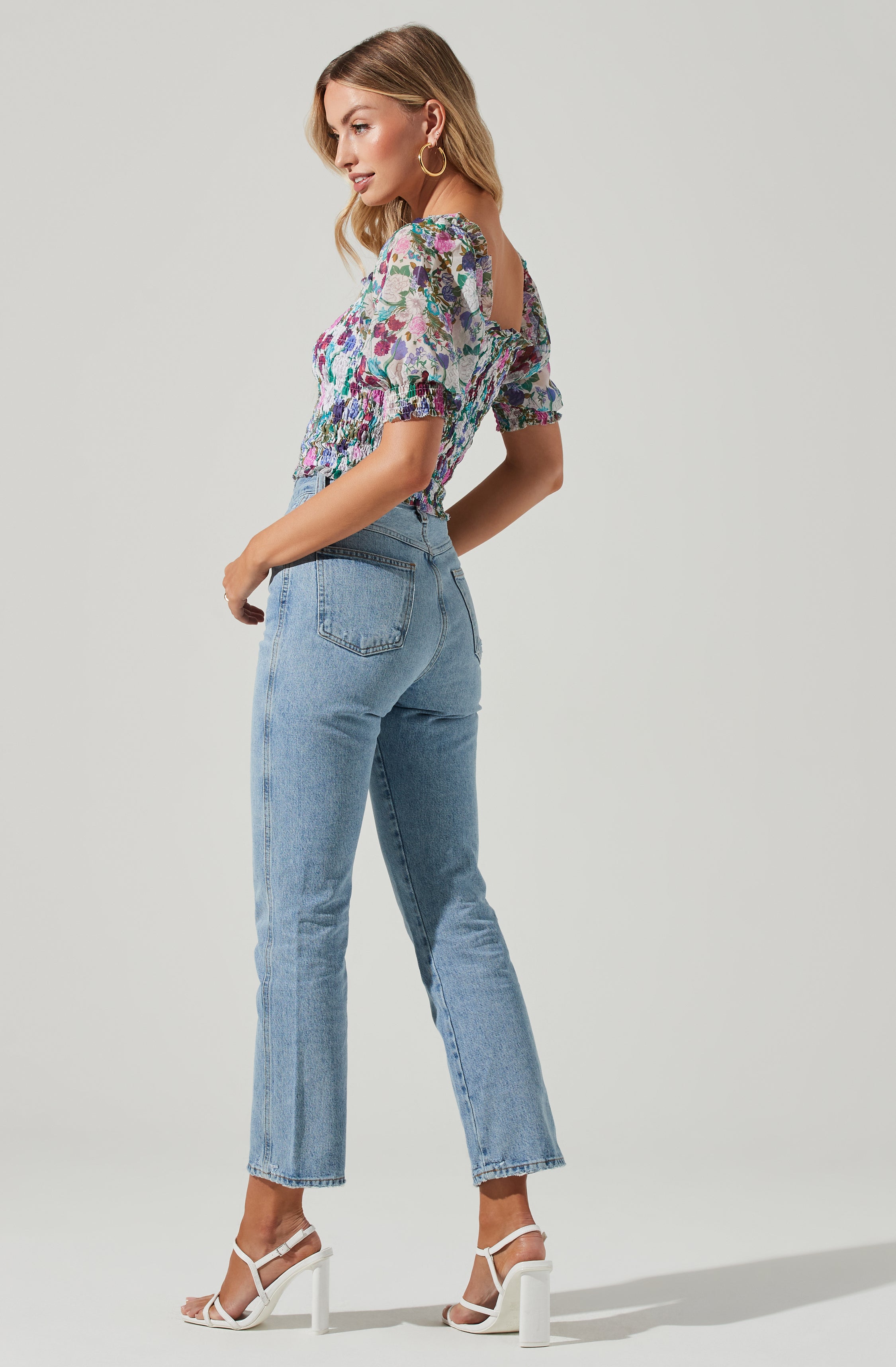 Floral Smocked Half Sleeve Top-Aljck