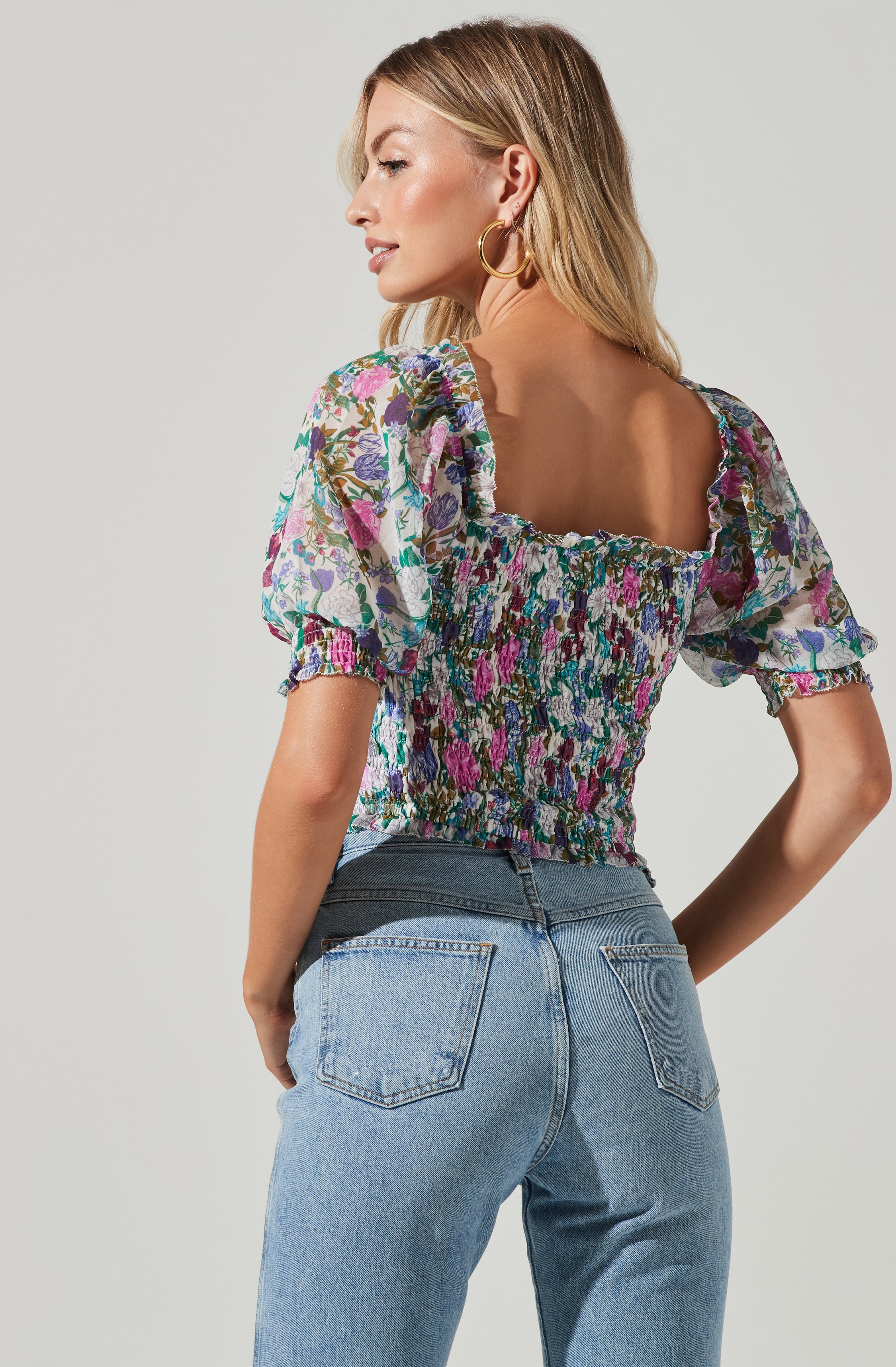 Floral Smocked Half Sleeve Top-Aljck
